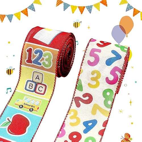 Threetols 2 rollos de cinta de borde con alambre de 10 yardas, cinta de arpillera de números coloridos de 2.5 pulgadas, cinta de envoltura de regalo