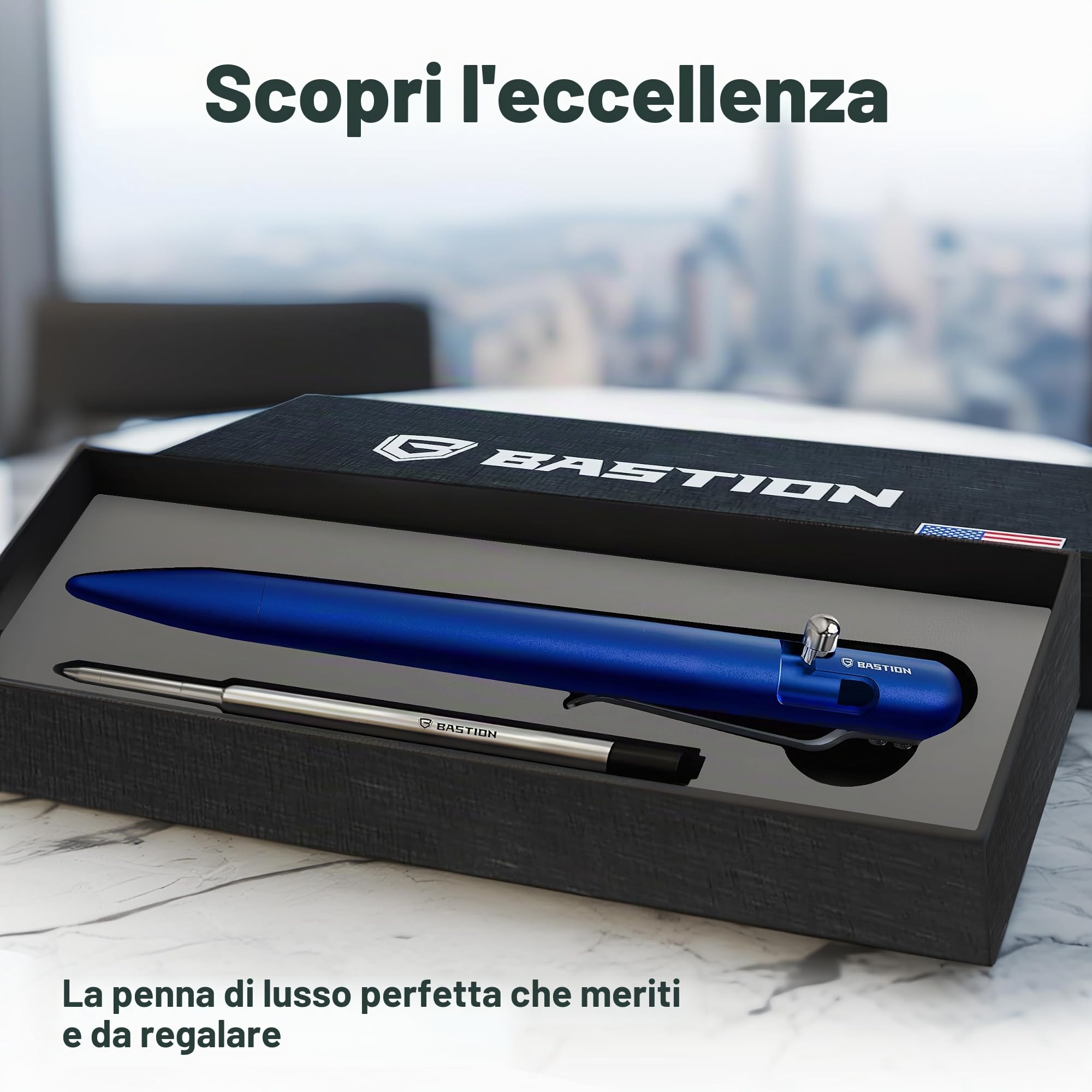BASTION Penna leggera in alluminio (blu) Bolt Action | Inchiostro ricaricabile retrattile per ufficio penna regalo novità | Colore Metallo Luce