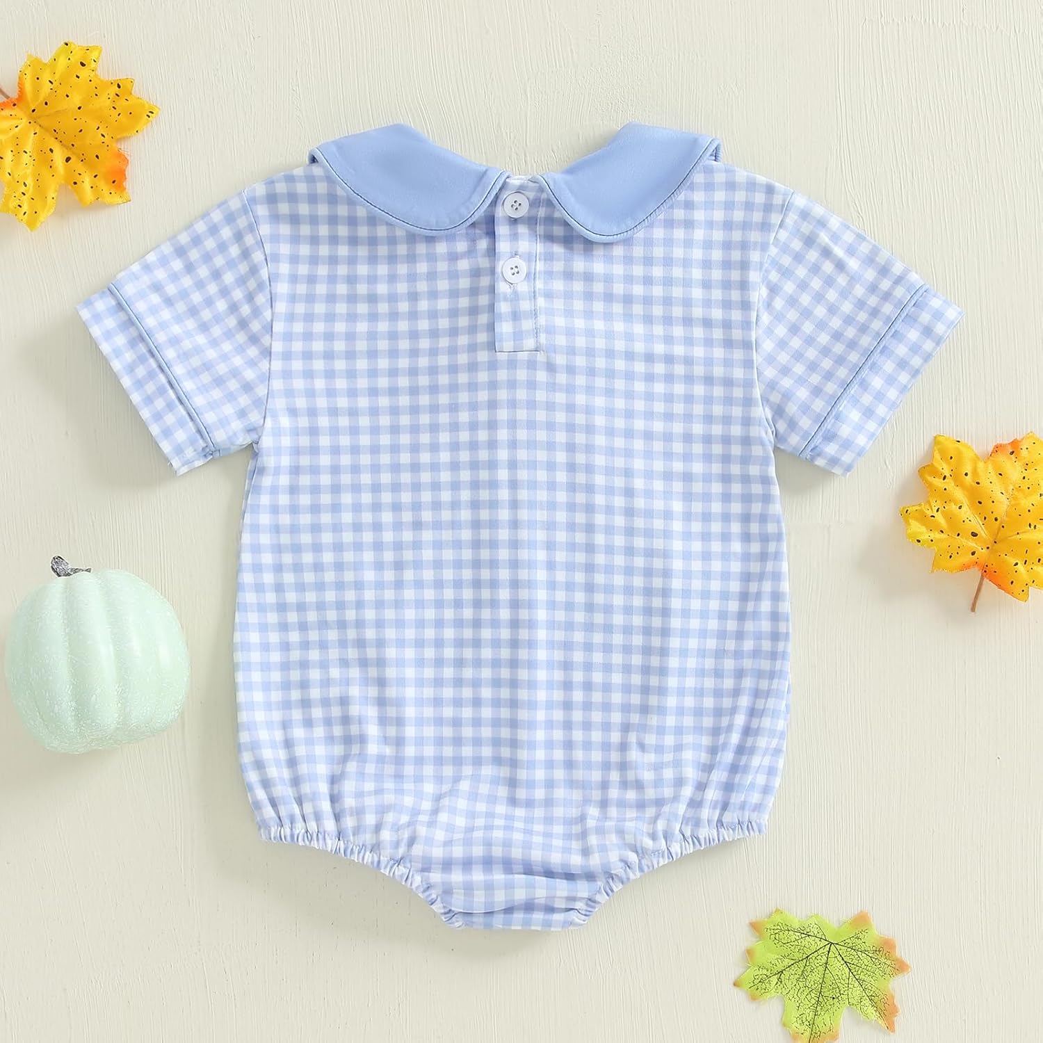 Newborn Baby Boy Girl Halloween Outfit Pumpkin Plaid Bubble Romper Short Sleeve Peter Pan Collar Bodysuit Clothes - Image 7