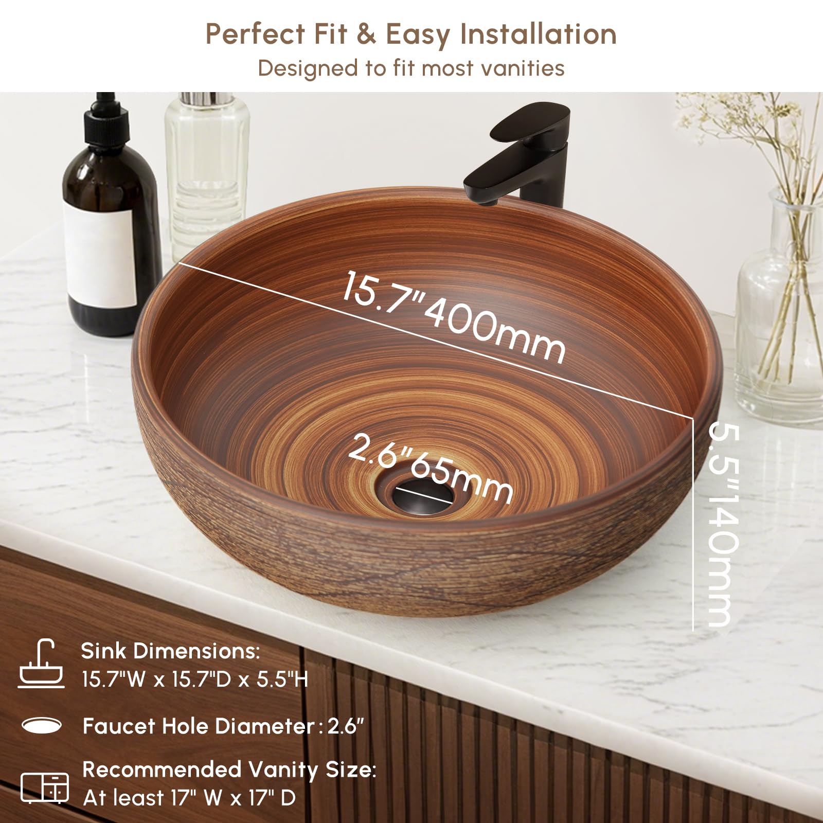 Homary Vasque à Poser Salle de Bain Rond 40 cm, Lavabo Salle de Bain en Céramique Rétro, Vasque à Poser Salle de Bain Élégante, Facile à Installer, Rond