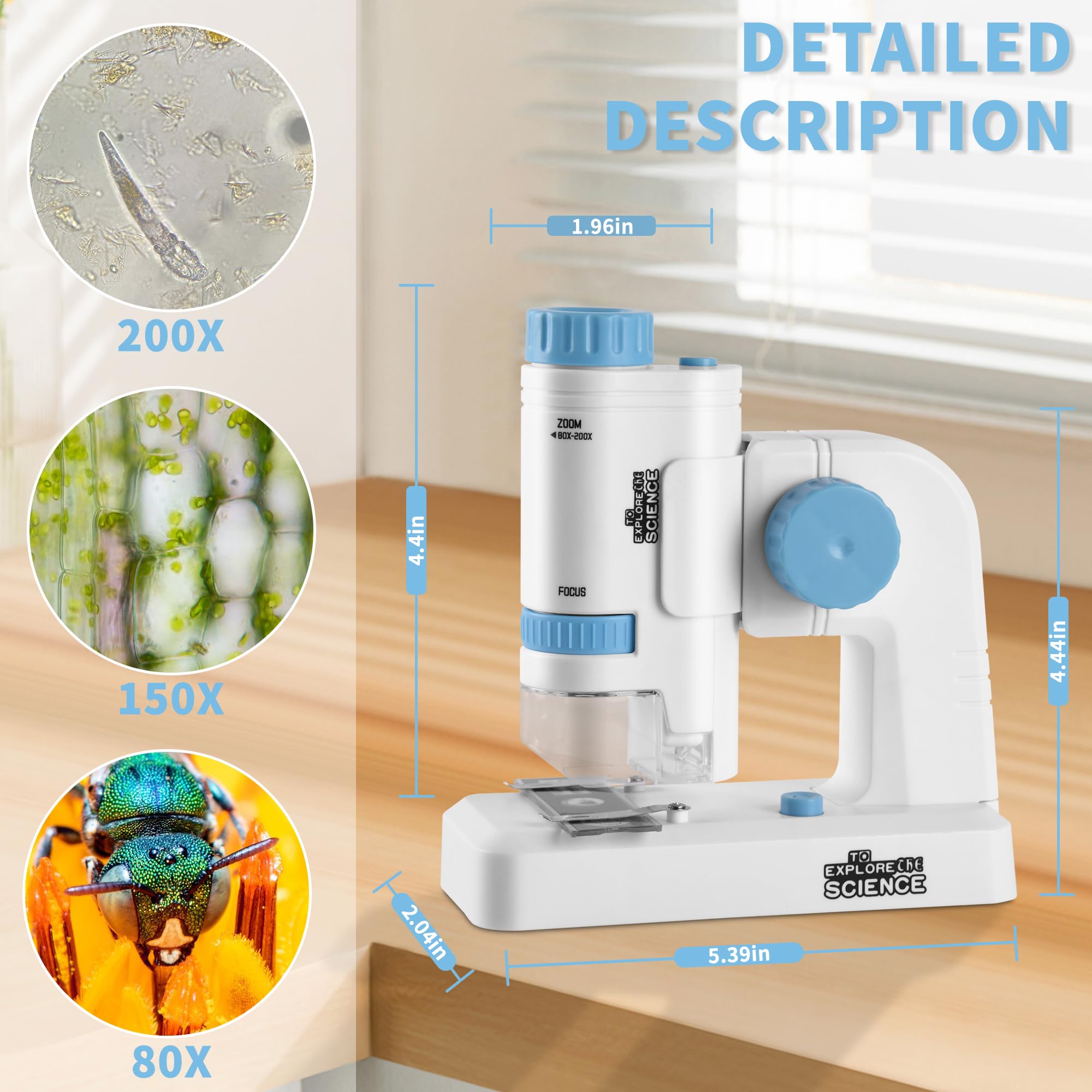 Microscopio Portátil Para Niños De 6 A 12 Años – Aumento 80x-200x Con Luces LED Y 12 Muestras Incluidas