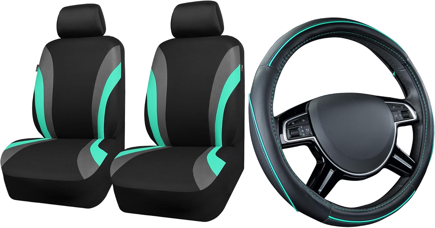 CAR PASS Line Rider Sporty Front Seat Covers,Mint Car Seat Covers Two Front Seats Only, 14.5-15 inches Leather Steering Wheel Cover,Universal Fit Sedans,Cars,Vans,SUV,Truck(Black and Mint)