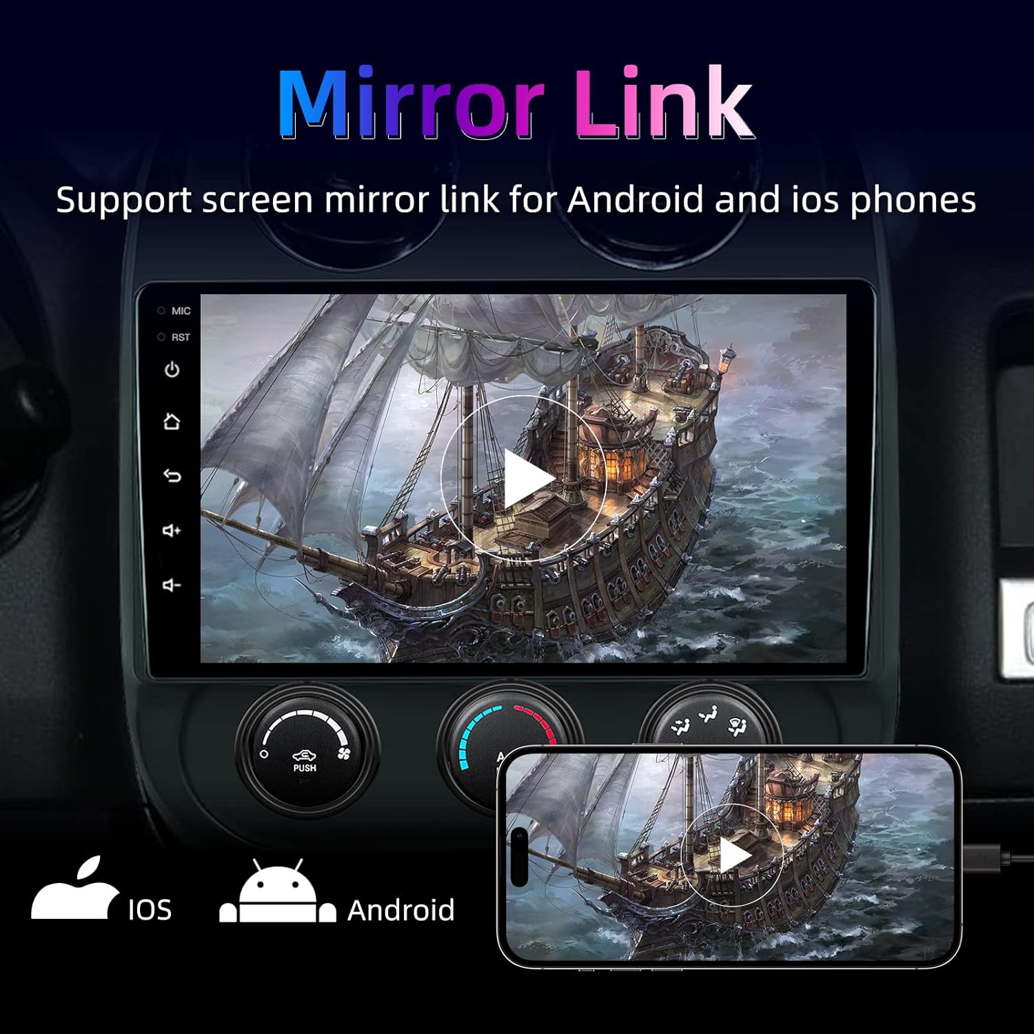 Image showing the Mirror Link feature, displaying a smartphone screen mirrored on the car stereo.