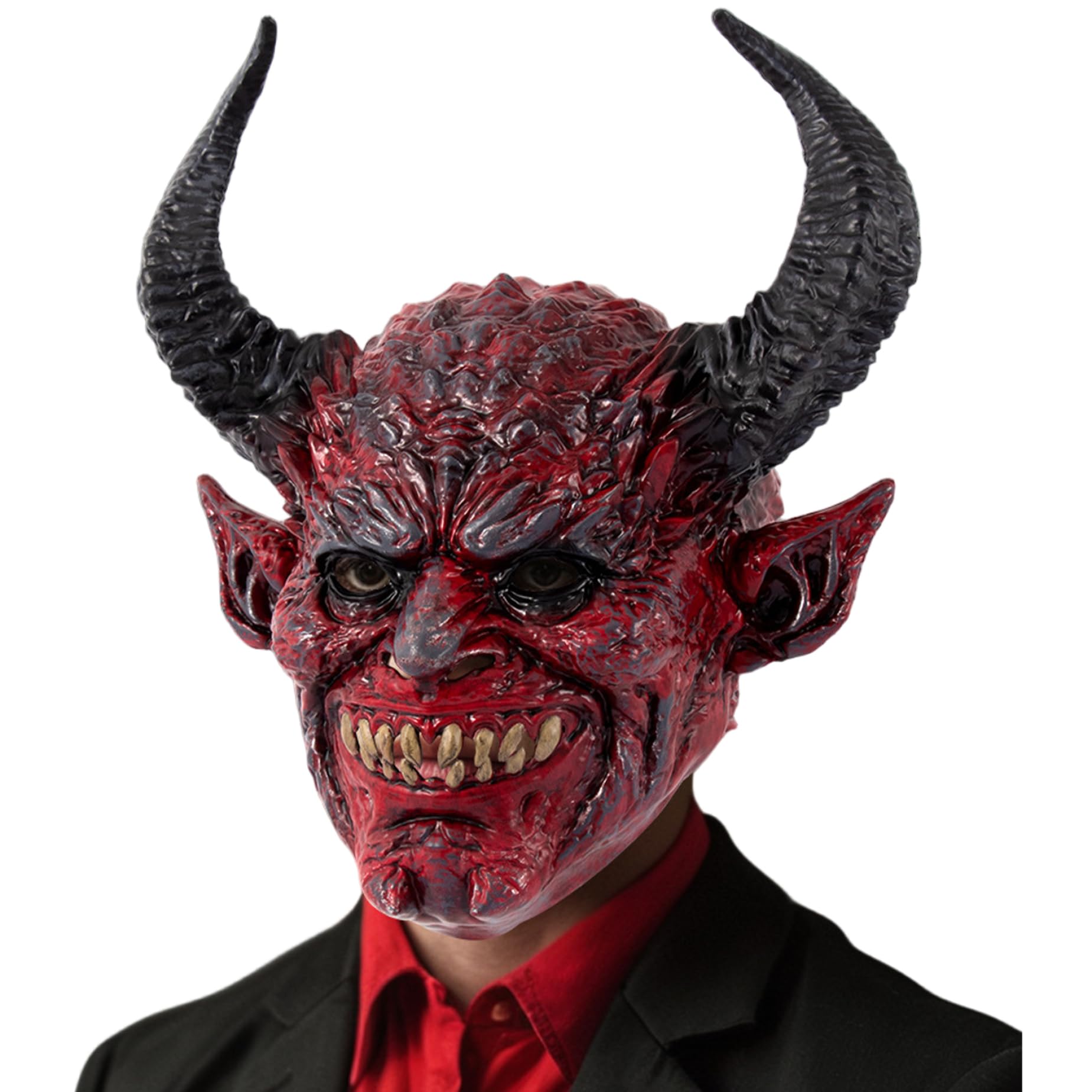Jcasbdn Devil Mask Scary Realistic Full Face Demon Mask with Ox Horn for Halloween, Masquerade, Cosplay Props, 13.4x14.6 inch