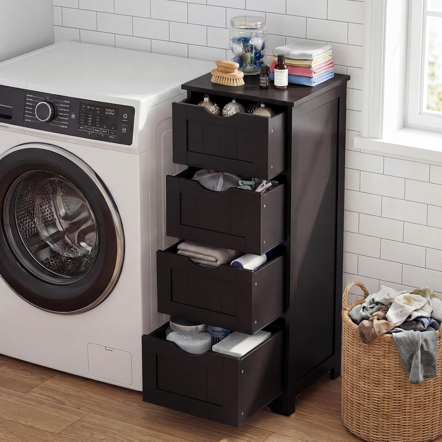 Tangkula Bathroom Floor Cabinet, Freestanding Narrow Side Storage Organizer with 4 Drawers, Multifunctional Towel Cabinet with Anti-Tip Kit for Living Room Laundry Entryway (4 Drawers, Coffee)