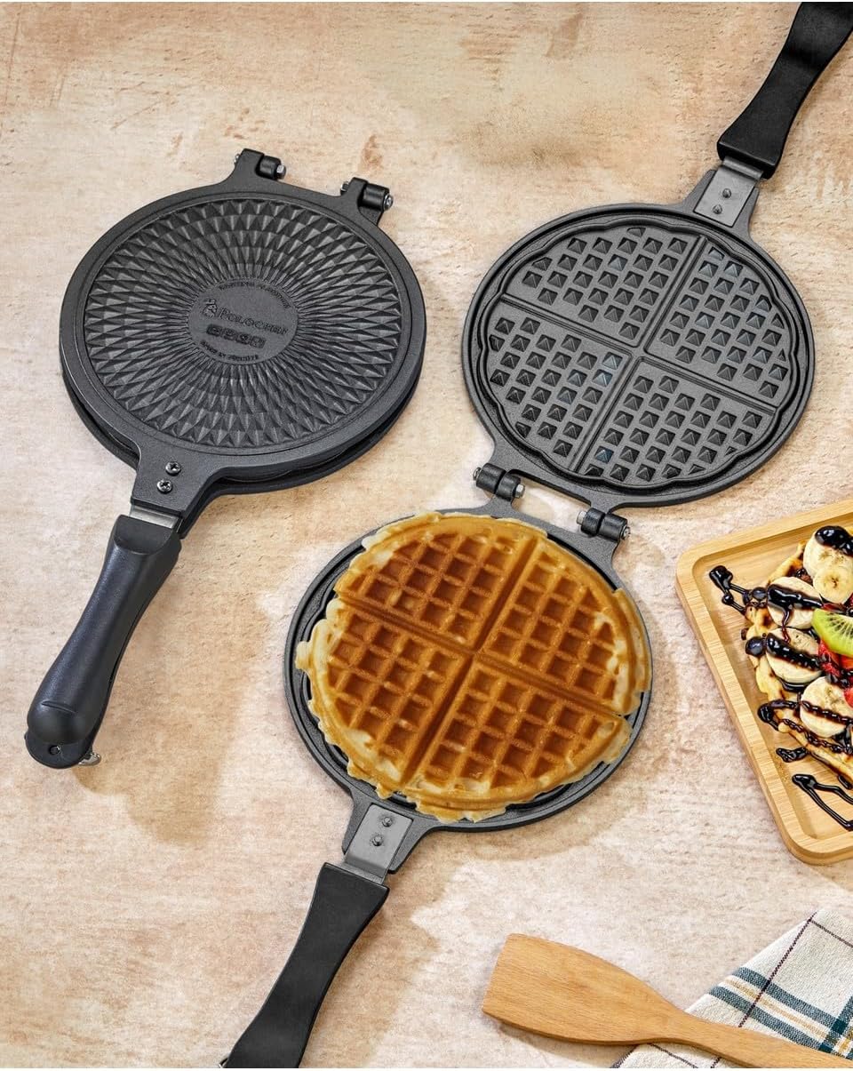 Cast Iron Stovetop Waffle Maker Pan, Non-Stick Surface, Traditional Homemade Breakfast Cookware