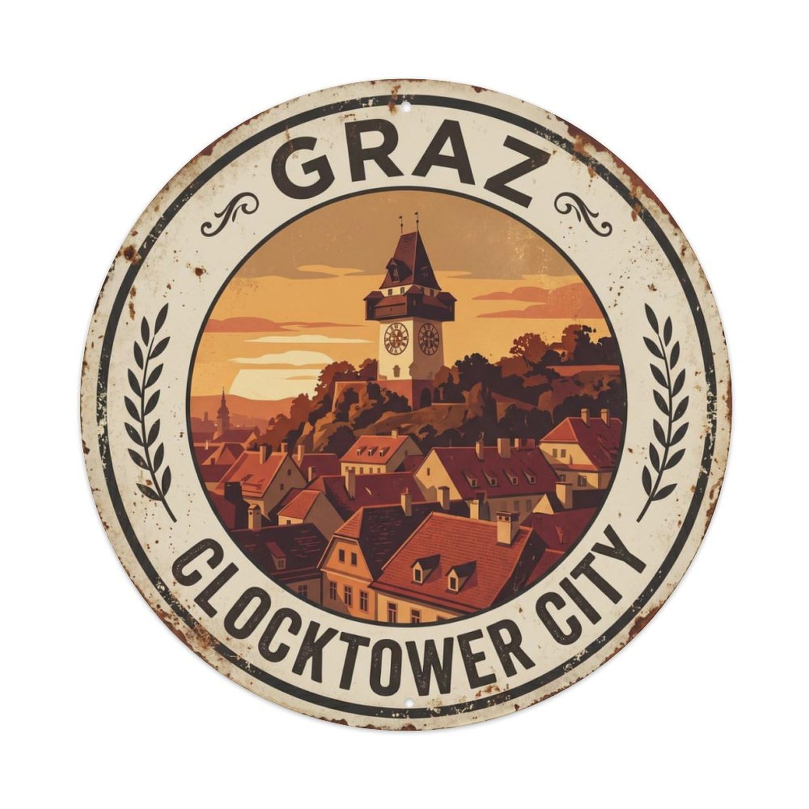 Vintage Travel Graz Austria Clocktower Metal Tin Sign Plaque Wall Decor for Cafe, Club, Garden Round Metal Poster 8x8Inch
