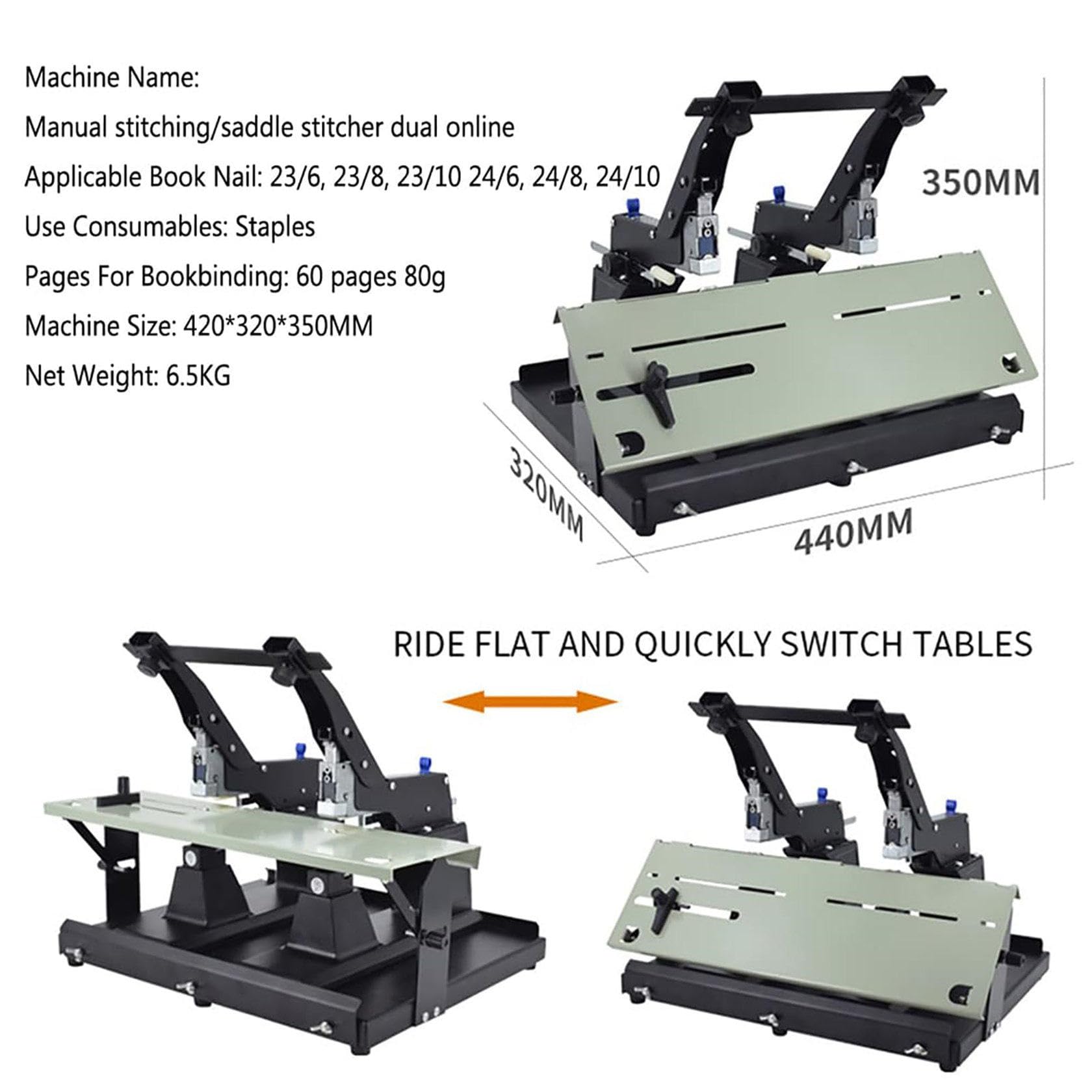 Cucitrice Manuale Piatta, Cucitrice a Doppia Testa con Pinza per Opuscoli/Cucitrice con Morsetto - Spessore di Rilegatura 60 Fogli, Macchina a Doppio Scopo - Perfetta per Ufficio E Scuola