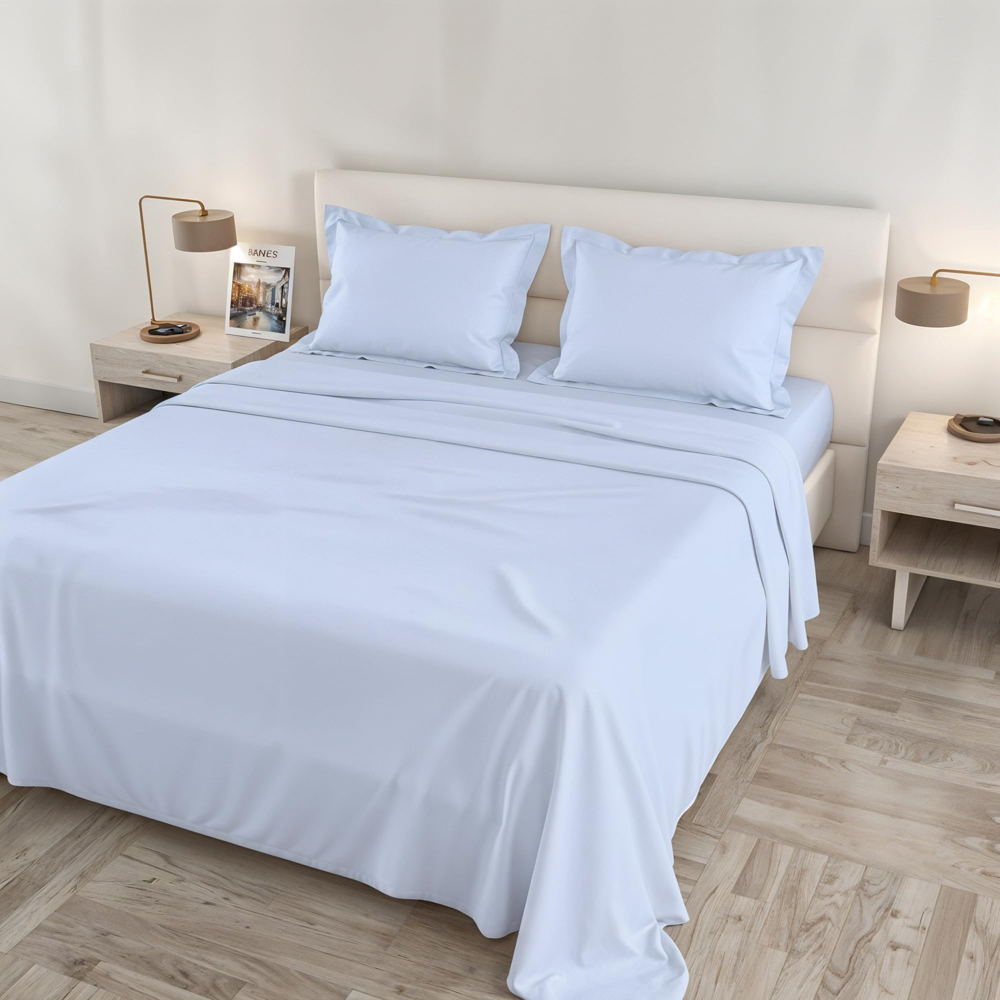 Parure de lit Cloe bleu clair 2 personnes avec grand drap plat en coton