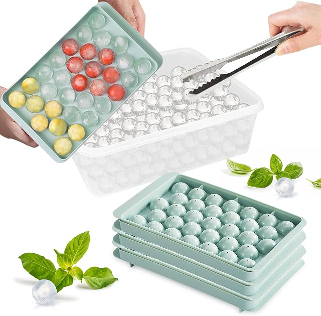 Round Ice Cube Tray with Lid and Bin Ice Ball Molds for Freezer 99pcs Sphere Ice Making Mold with Ice Container and Tong