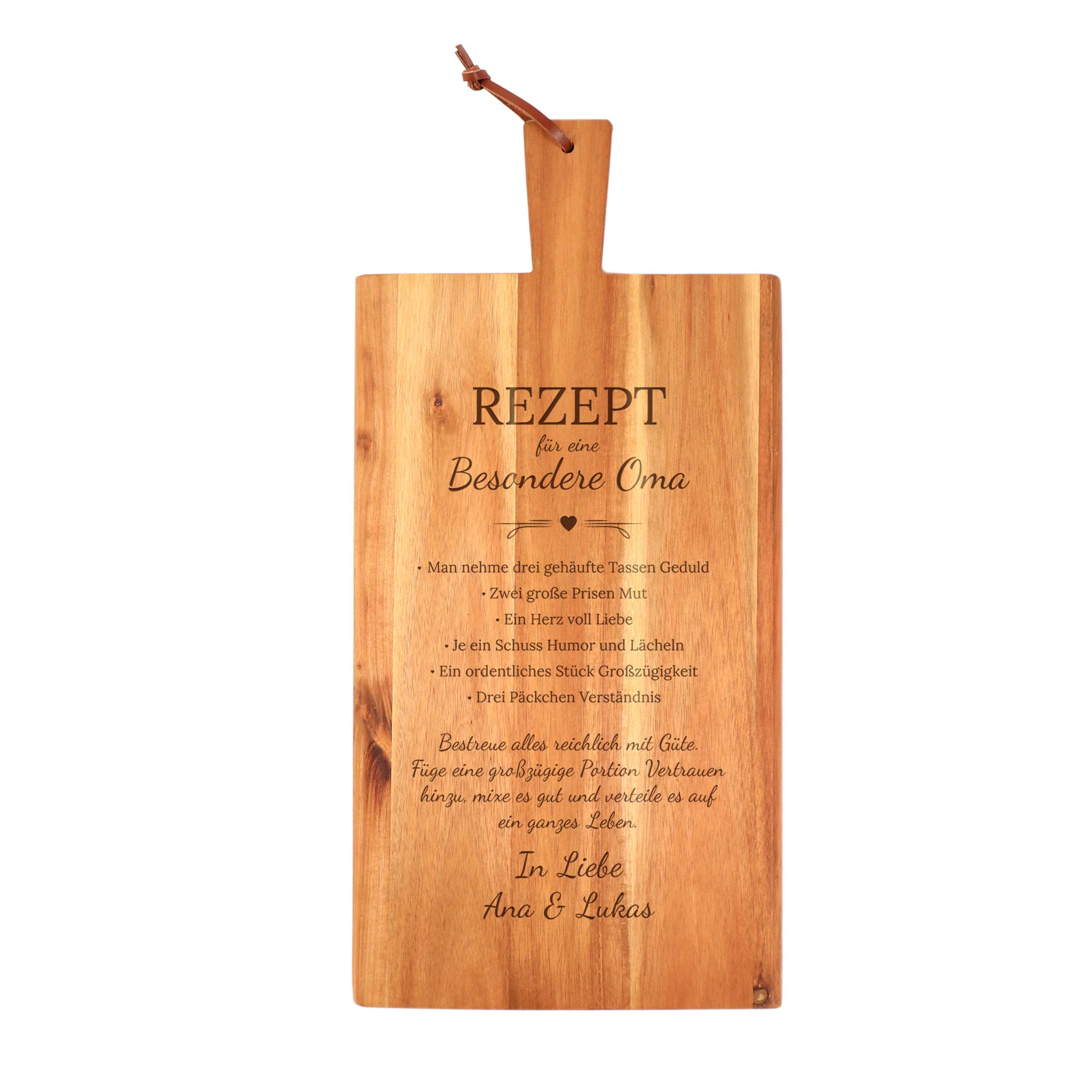 Casa Vivente Großes Schneidebrett mit Griff und Lederband, Personalisierte Gravur mit Namen, Rezept Oma, Geschenkidee zum Muttertag