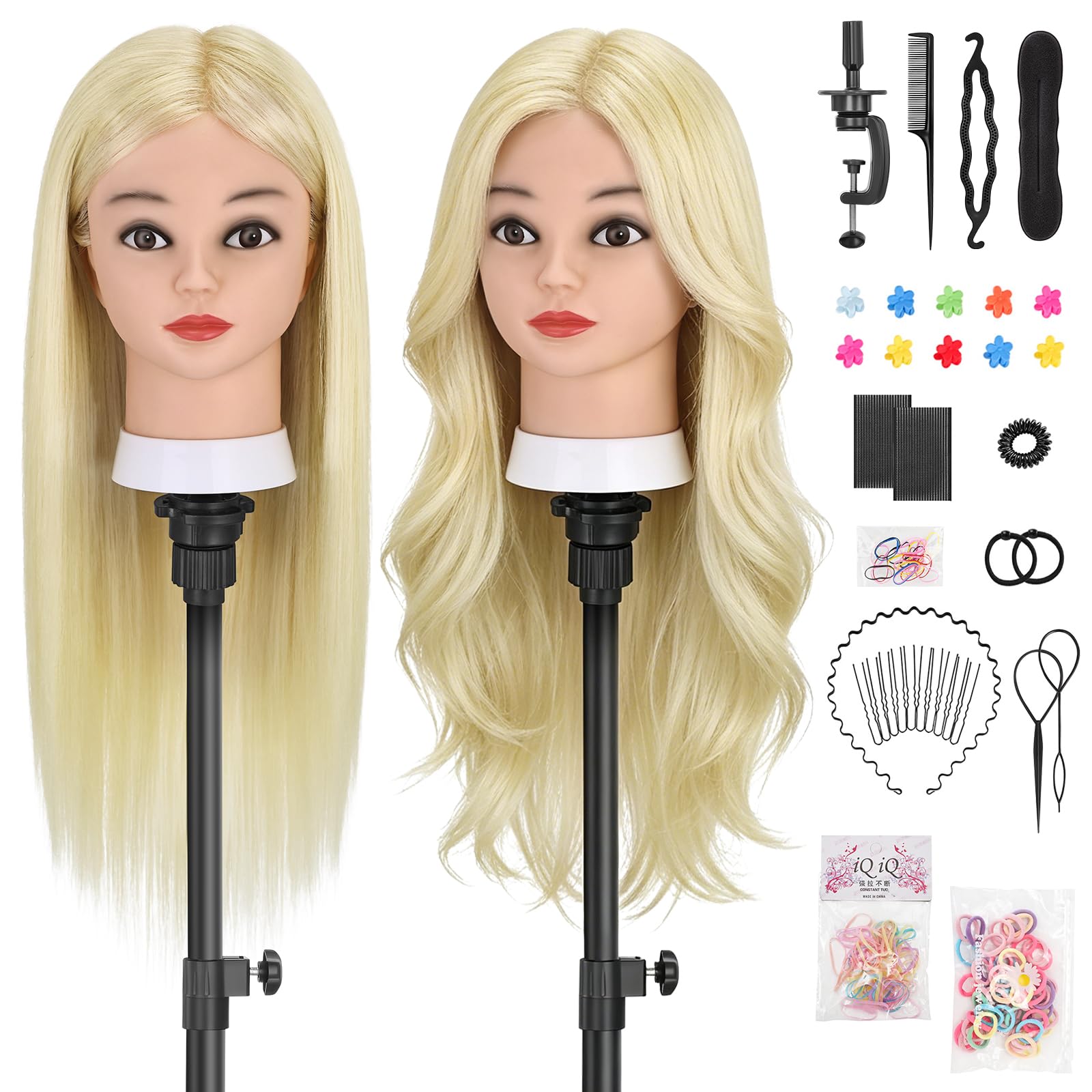 TwoWin Testina Parrucchiere con Capelli 80% Naturali - 26 Pollici /66 cm Manichino per Formazione Acconciature con Morsetto e Kit Extension (Biondo)