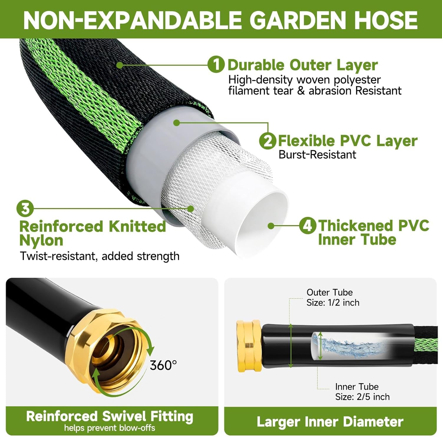 Garden Hose 50ft Flexible Non-Expandable Water Hose Kink-Free Lightweight Leak-Proof High Pressure Durable Outdoor Portable Fabric Hoses Pipe with 3/4” Sturdy Fittings for Yard Lawn Car Wash