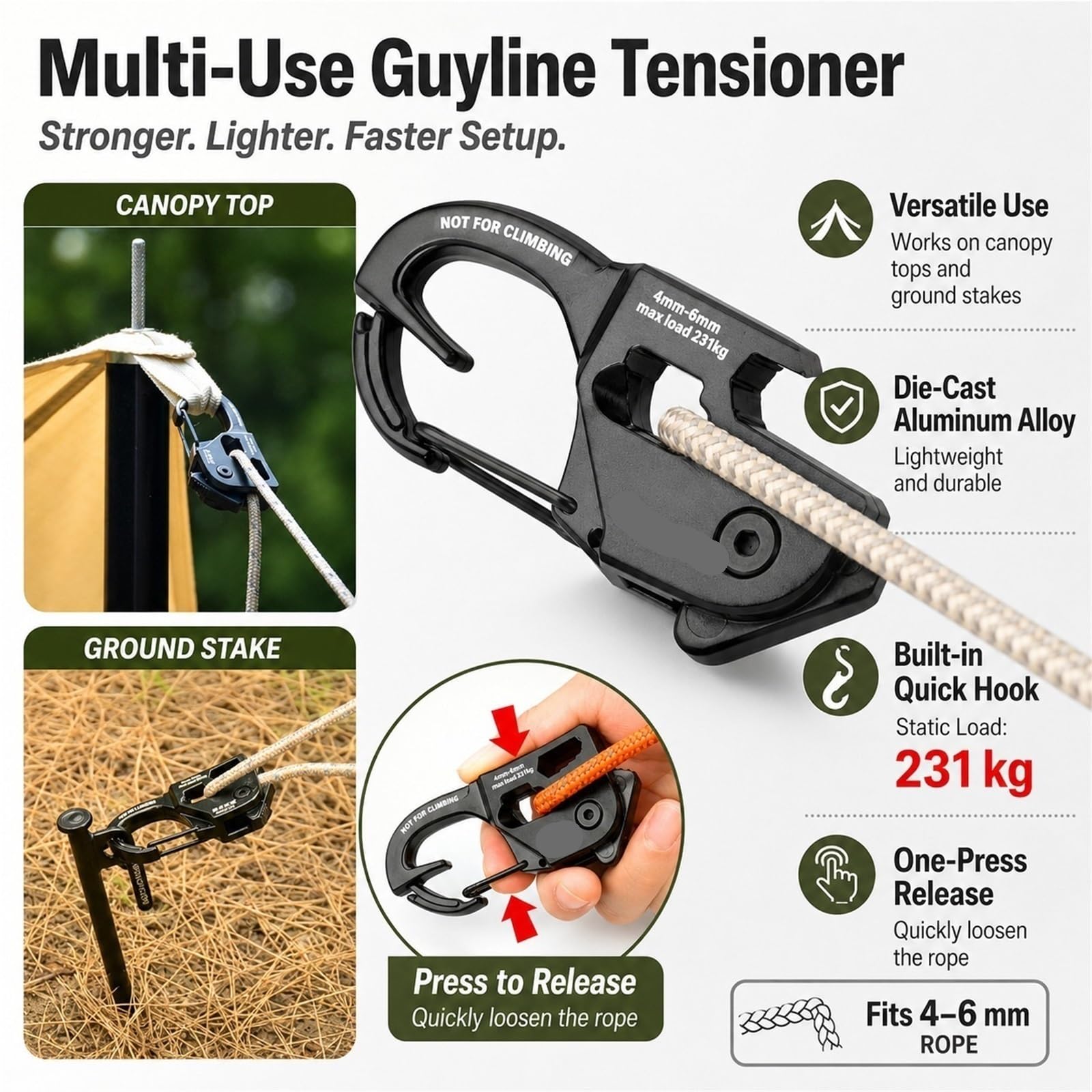 Tendeur de corde tente en alliage d'aluminium, ajusteur charge solide 8M, boucle cordon coupe-vent Portable, accessoire Camping/randonnée/bâche pour le camping(XL 8mm-8M Rope OR)