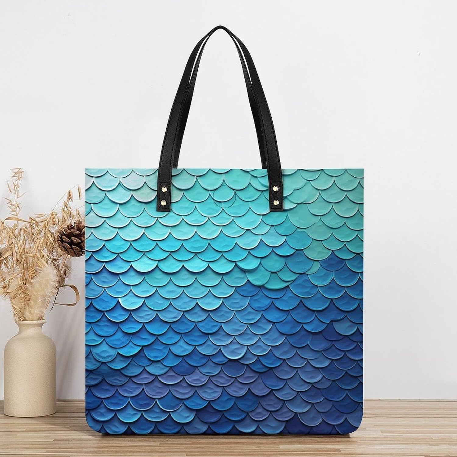 Ocean Sea Blue Mermaid Fish Scale Tote Bag with Magnetic Buckle Reusable Grocery Bags Lightweight Cross Body Handbag for Daily Essentials