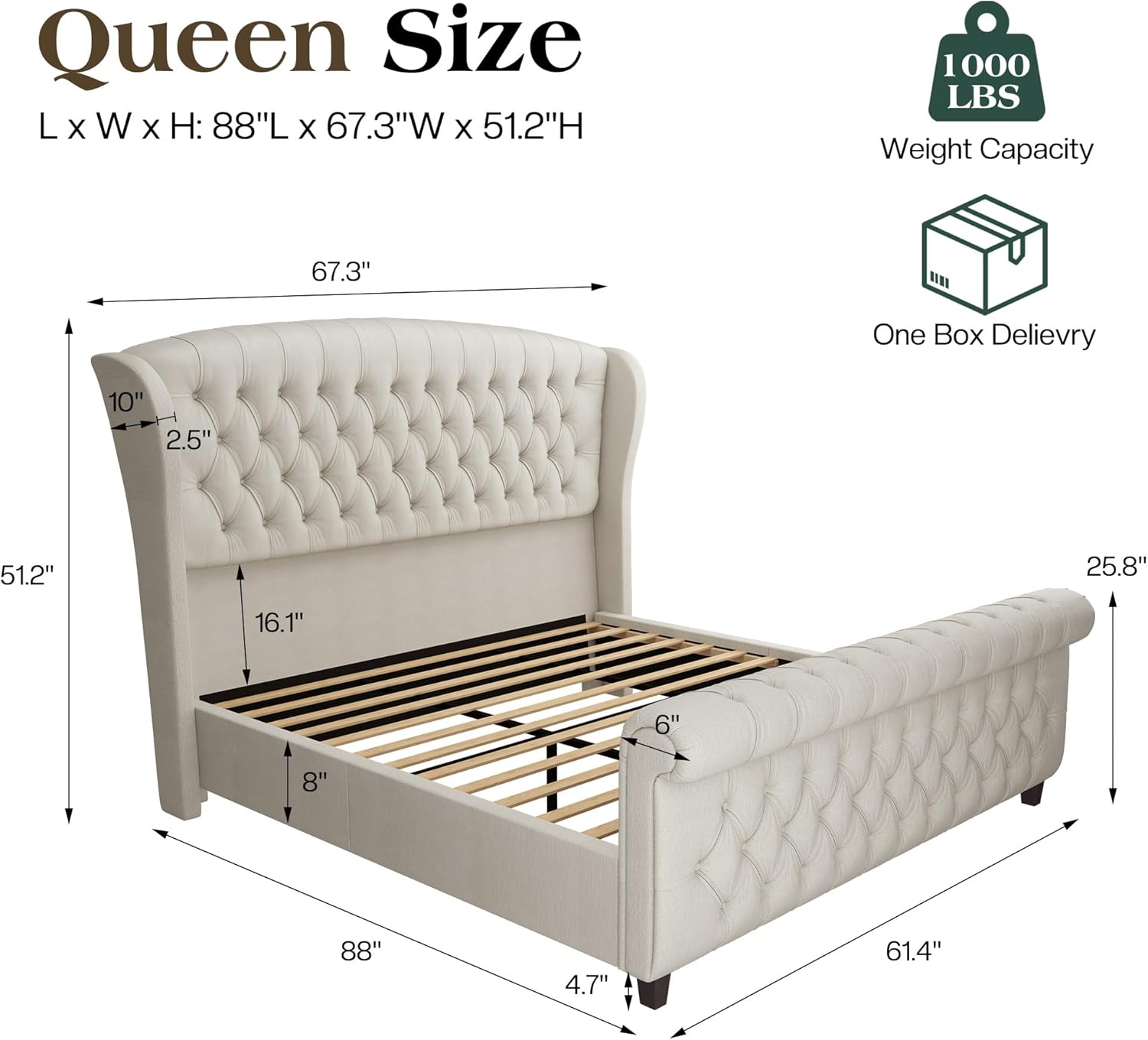 LUXOAK Queen Size Platform Bed Frame, Chenille Upholstered Sleigh Bed with Curved Headboard & Footboard, Deep Button Tufted, Wood Slats Support, No Box Spring Needed, Cream