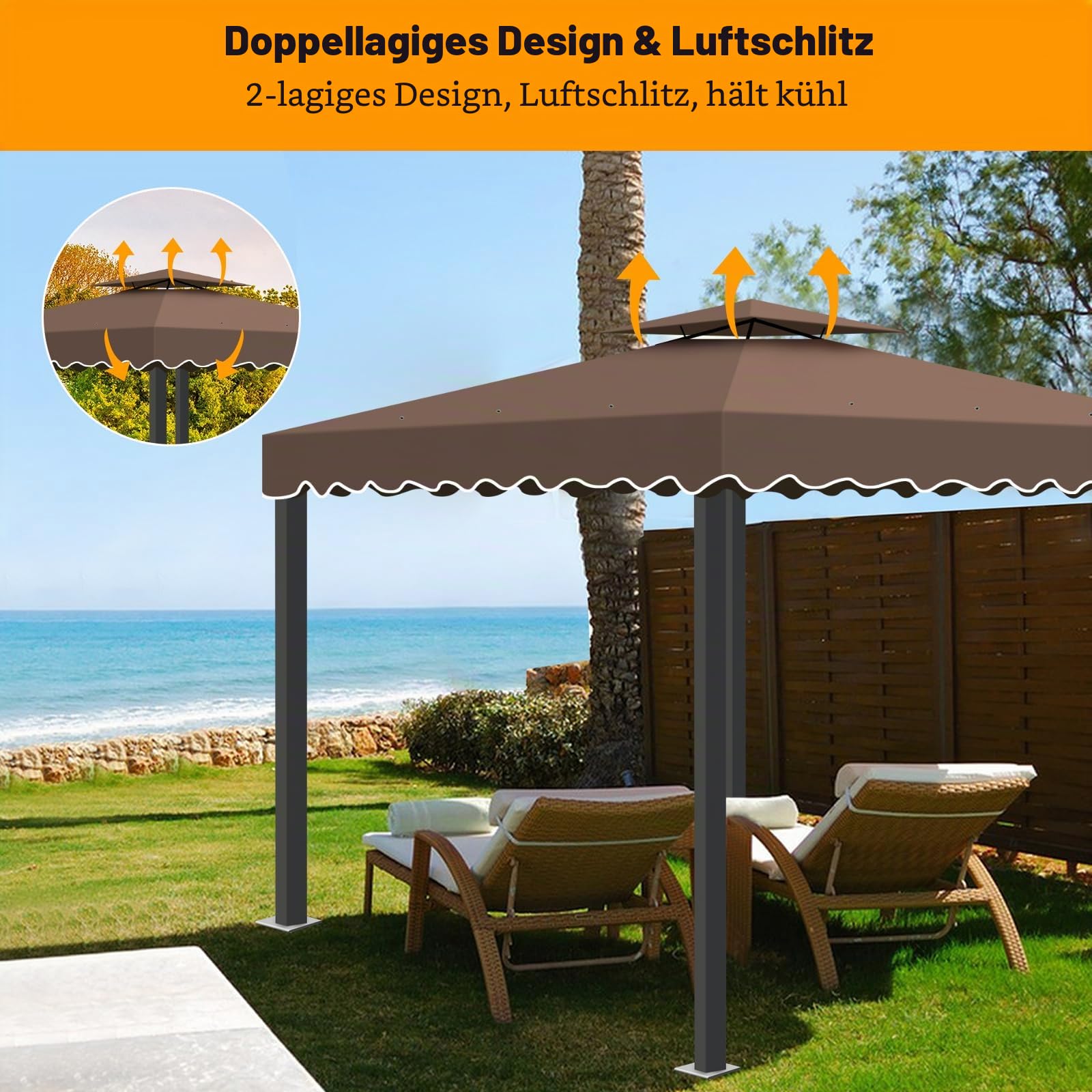 Ersatzdach Pavillon 3x3M Wasserdicht, Stabil Winterfest Doppeldach mit Air Vent, 2-Tier Pavillondach Anti-UV, Abnehmbares Gazebo Ersatz Dach für Garten/Camping/Terrasse