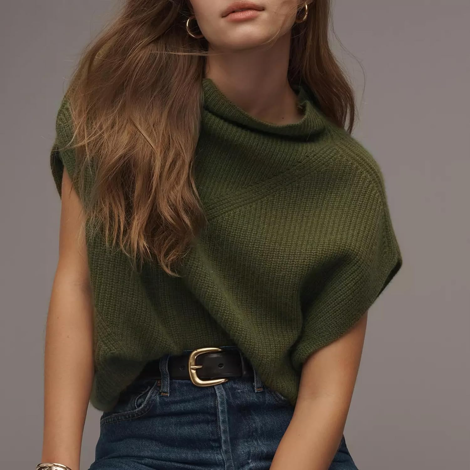 Women Mock Neck Sleeveless Sweater Vest Oversized Ribbed Knit Pullover Fall Casual Business Tank Top - Image 2