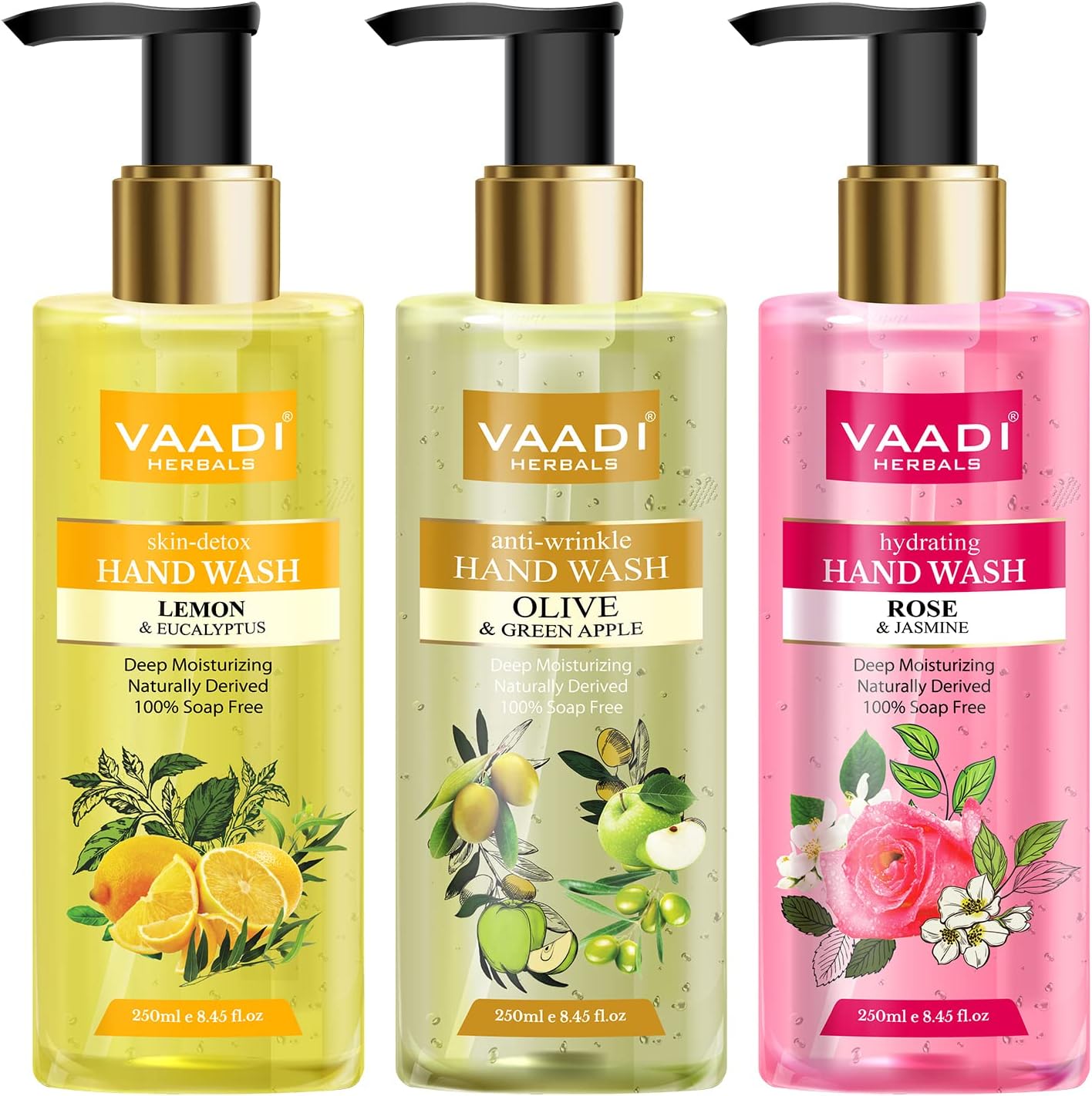 Luxurious Handwash - 250 ml (Pack of 3, Lemon and Eucalyptus with Olive and Green Apple and Rose and Jasmine)