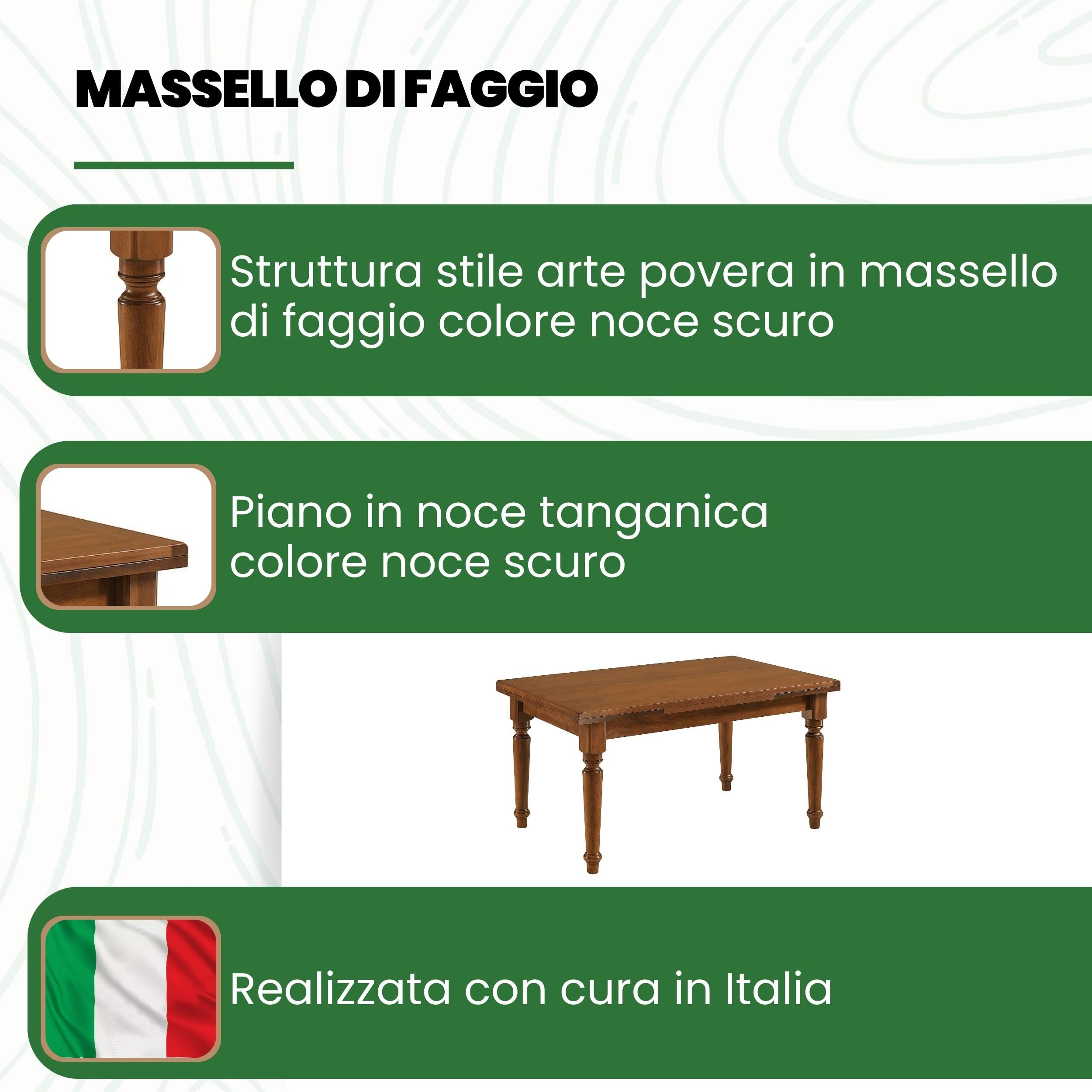 Mar.c.a. Design - Tavolo Rettangolare Allungabile fino a 230 cm., con gambe Tornite, Legno Massello, Noce scuro, Arte Povera, con 2 Allunghe da 35 cm. - Mis. 160X85X80 cm.