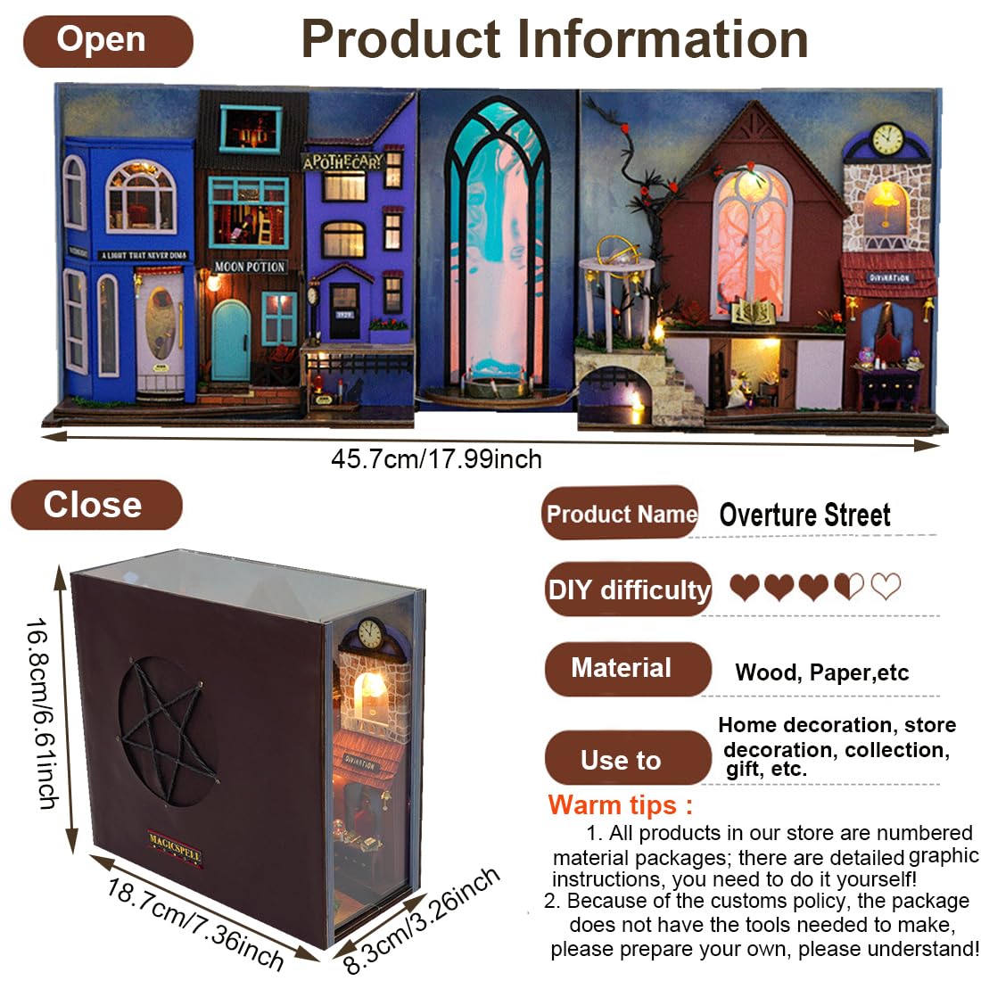Kit De Maqueta 3D En Miniatura De Calle Comida – Book Nook De Madera DIY, 18.5x8.5x17 Cm, Manualidad Para Adultos Y Adolescentes +14 Años
