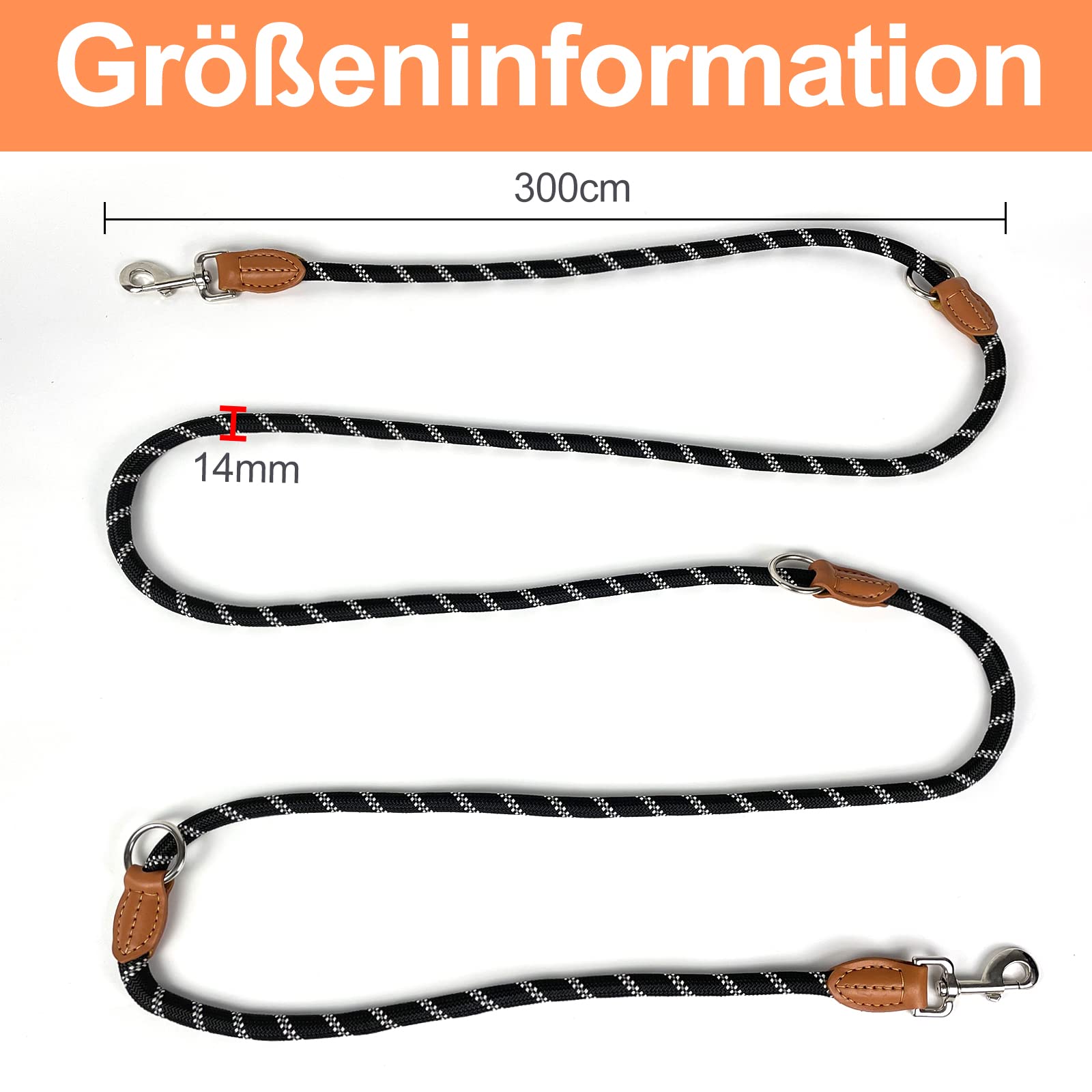 Trhillsbrad Guinzaglio per cani 3m x 14mm, guinzaglio regolabile per cani di taglia medio grande, guinzaglio doppio multifunzionale, robusto, nero.