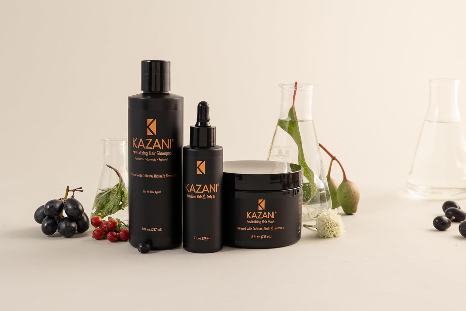 Kazani Hair Care Set with Biotin, Caffeine and Rosemary, Revitalizing Shampoo, Hair Mask and Scalp Oil, Sulfate-Free, Paraben-Free, 3 Piece
