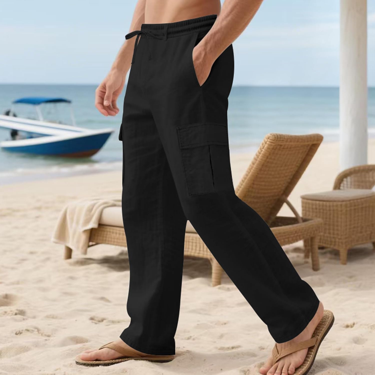 Men's Linen Pants Casual Cargo Pants Elastic Drawstring Waist Straight-Legs Summer Yoga Beach Long Pants with Pockets - Image 3