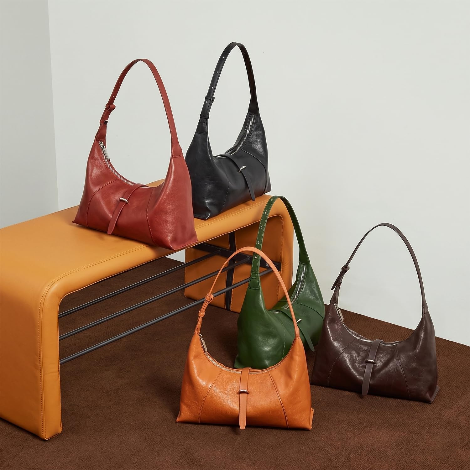 PDSSUNNY Damen Hobo Tasche aus Pflanzlich Gegerbtem Leder, Retro Schultertasche Croissant, Minimalistische Unterarmtasche Baguette, Kleine Umhängetasche Glänzend