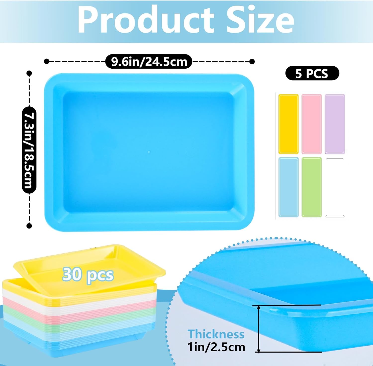 WCHOSOZH 30Pcs Plastic Art Trays, 6 Colors Activity Craft Sand Trays with Labels, Stackable Storage Tray Serving Organizer for DIY Bead Painting Projects, Storage Organizer for Classroom, 9.6 x 7.3 In - Image 2