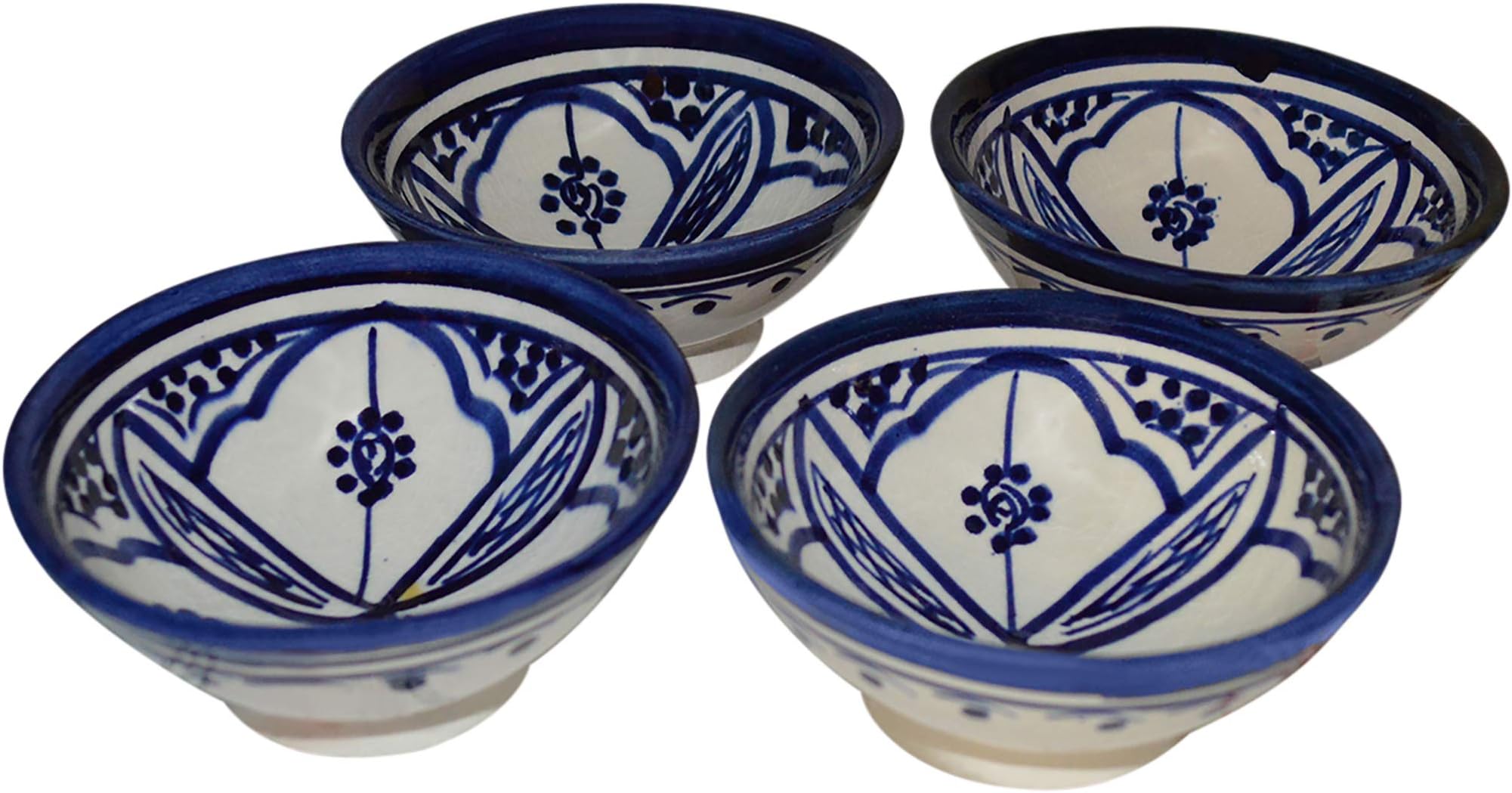 Moroccan Handmade Serving Bowl Set of 4 Small Dipping Sauce Butter Olive Oil White Blue