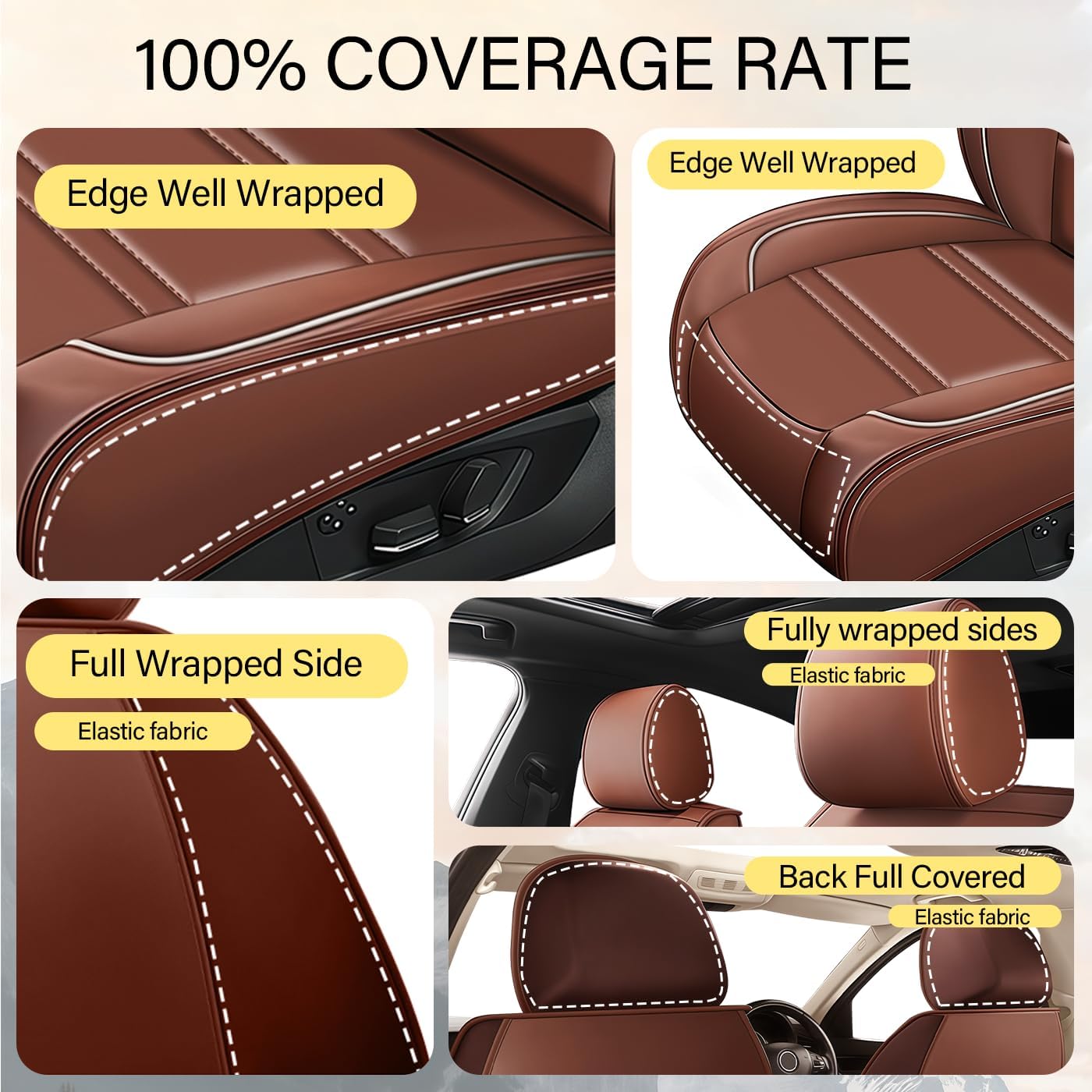 Leather Car Seat Covers Fit for Buick Enclave 2008-2023, Car Seat Cover 7 Seat, Non-Slip and Waterproof Full Set with Pillow Accessories (Coffee)