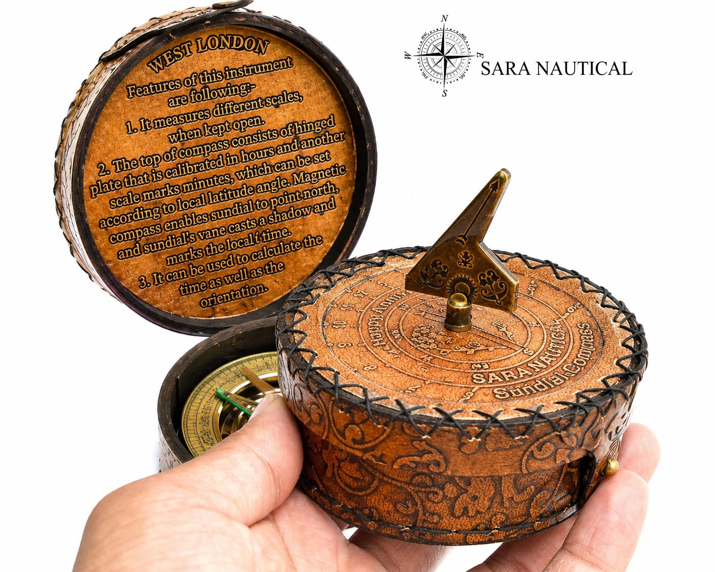 SARA NAUTICAL Bussola con meridiana in ottone antico, orologio con meridiana in scatola regalo, replica orologio da sole, decorazione navale (meridiana di nuova generazione 2026)