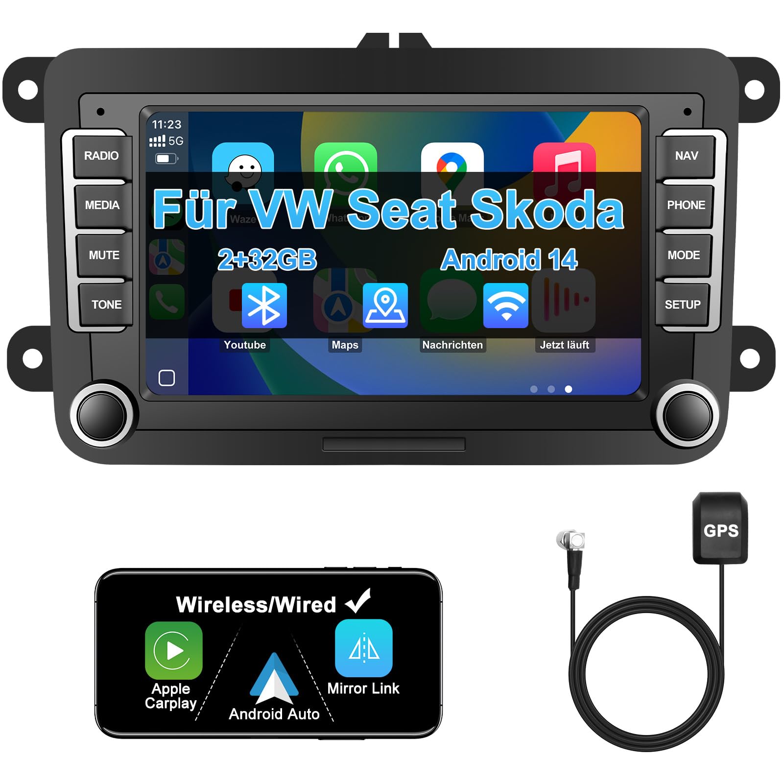 Jimtour Autoradio mit Bildschirm Bluetooth für VW Polo Golf 5 6 T5 Passat Caddy Seat Skoda, 2Din Auto Radio 7 Zoll Touch Display Android 14,mit DAB Navi WLAN Carplay Android Auto Lenkrad Strg