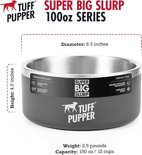 Miniatura 6 de Tuff Pupper Cuenco de acero inoxidable aislado resistente de 100 onzas para perros grandes, base antideslizante, apto para lavavajillas