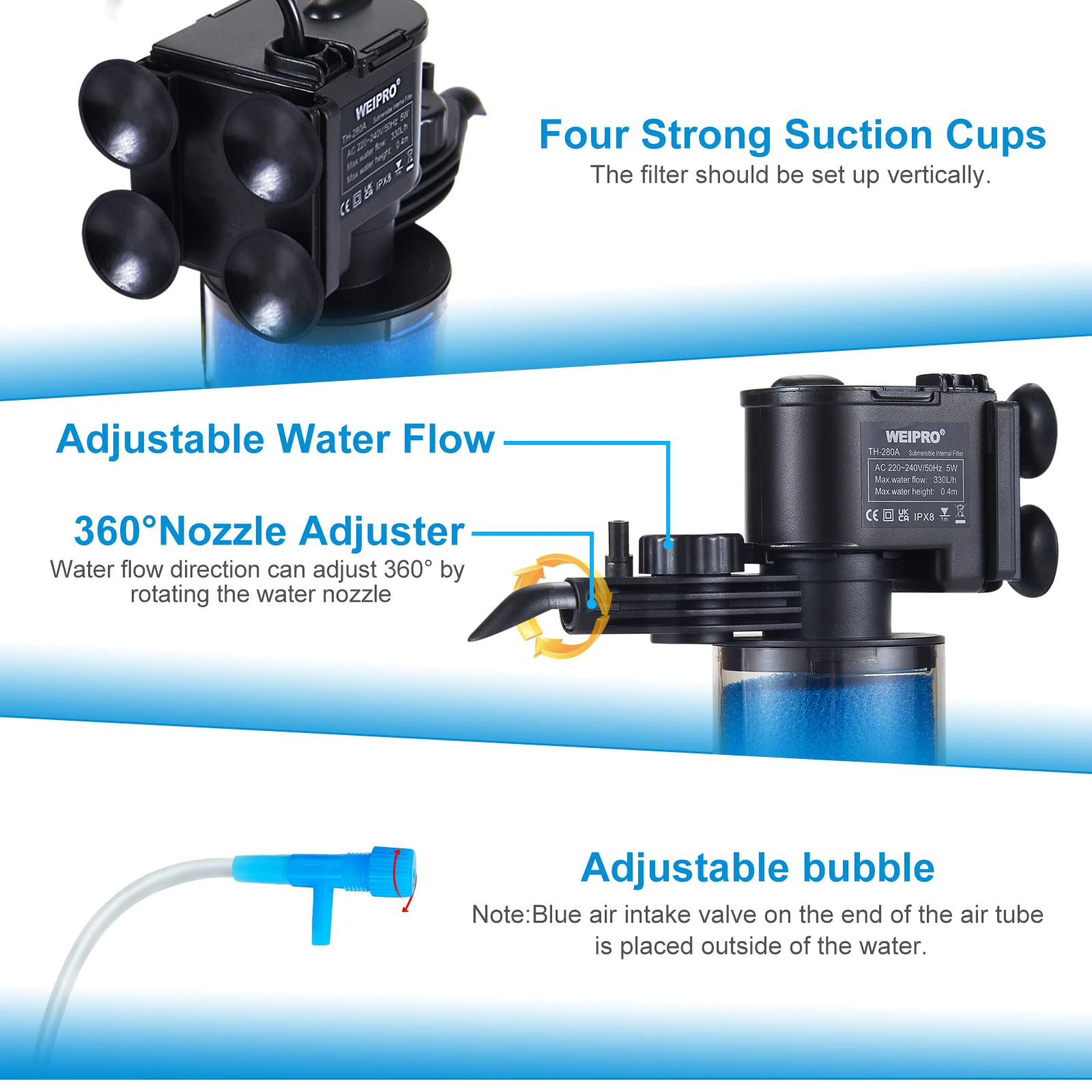 Filtre interne d'aquarium, filtration en éponge biochimique en 2 étapes, débit d'eau réglable de 90 GPH, pompe de filtre submersible pour aquarium d'eau douce et salée de 5 à 78 litres, TH280A (90 GPH