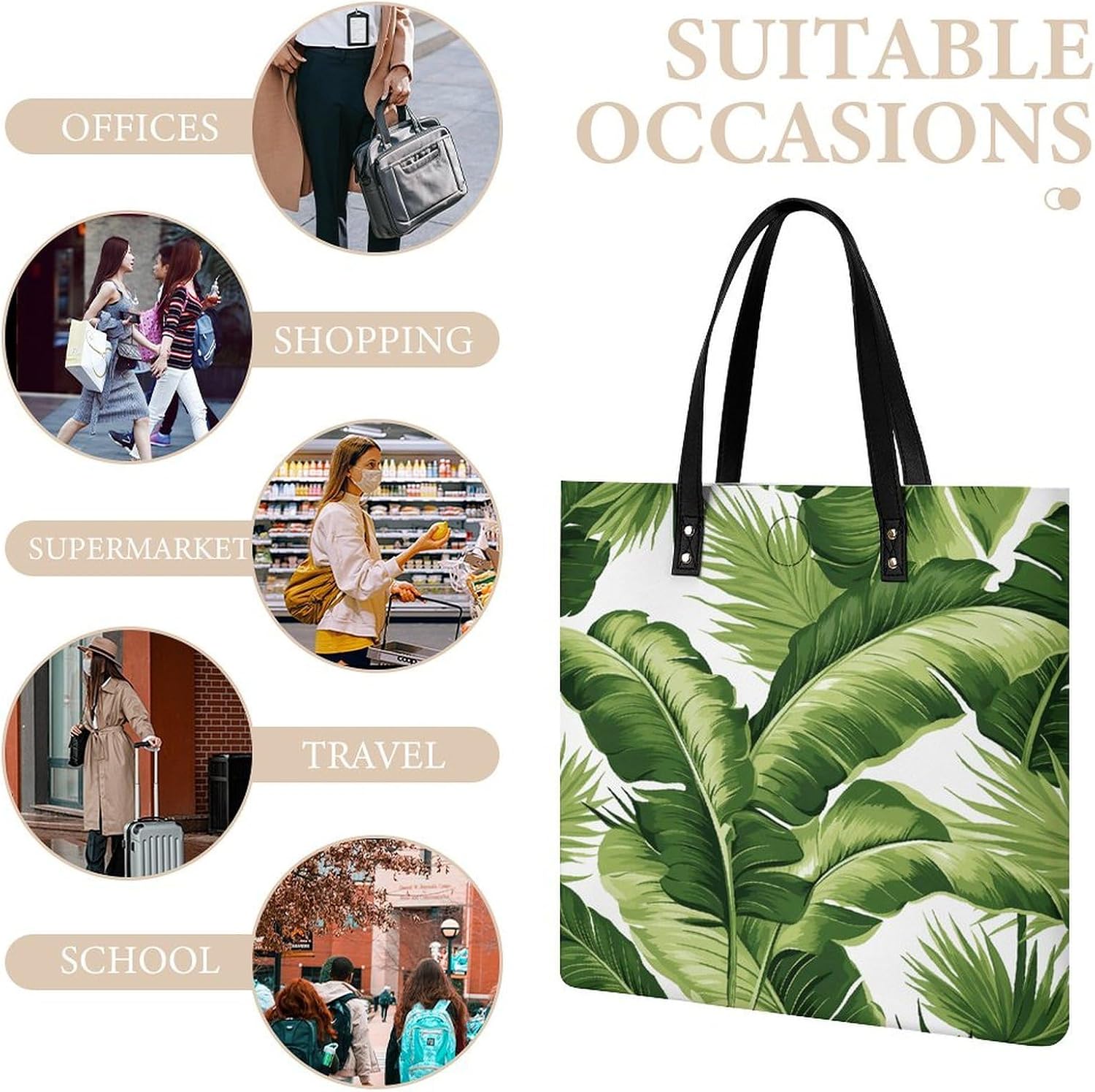 Cute Green Palm Leaves Handbags Large Capacity, Tote Bag Stylish Slouchy, Shoulder Bags for Work Beach Travel And Shopping Grocery.