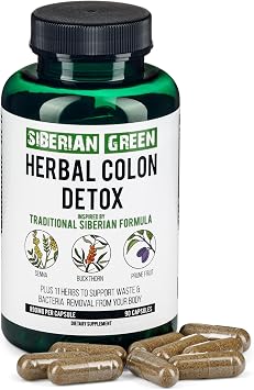 Siberian Green Herbal Colon Detox with Senna Buckthorn Prune Fruit 90 Capsules Traditional Siberian Formula 14 Herbs & Probiotic to Cleanse Colon and Detox Body
