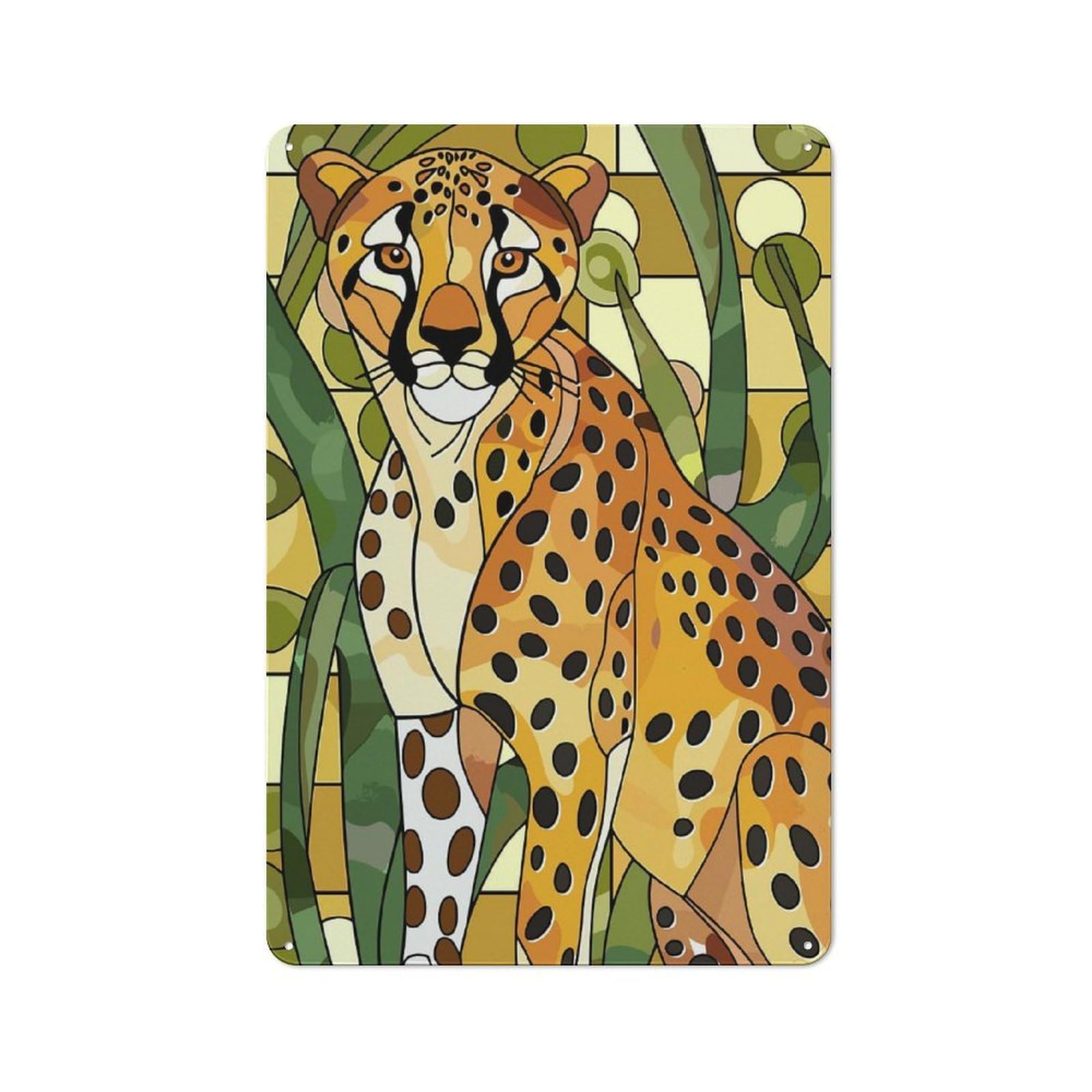 Junmoney Style-13 Tin Wall Plaque 30X20cm With Stained Glass Cheetah Portrait For Studio Or Craft Room, For Home Interiors, Feature Walls And Decorative Displays