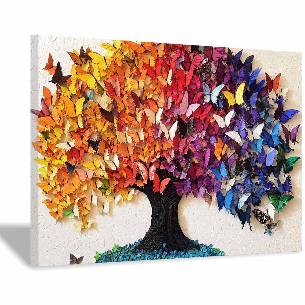 ZAMAEIU Tree of life wall decor Butterfly-gathering tree On Canvas Prints Poster Pictures for Living Room Bedroom Home Office Wall Decoration(multicolored)-30x50cm Framed