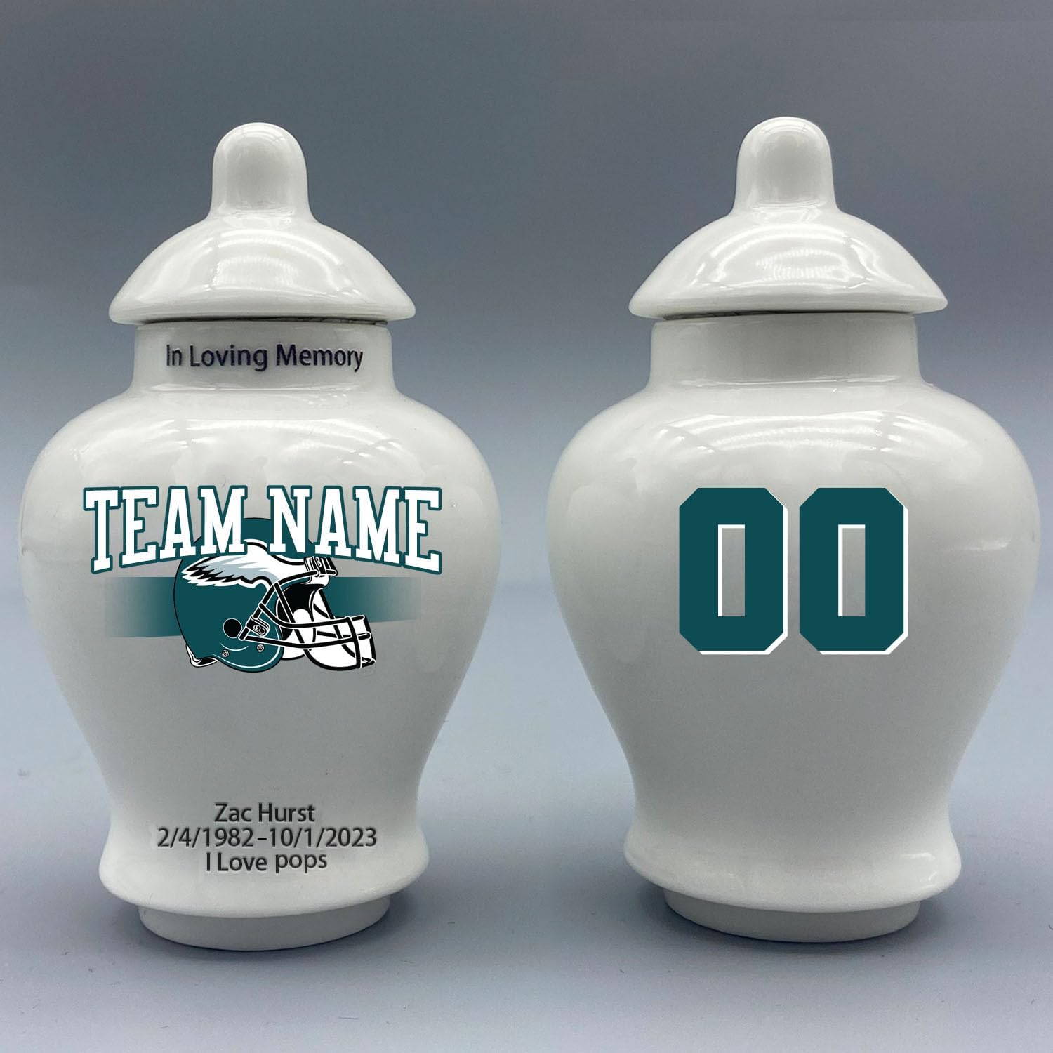 Custom Football Small Porcelain Urn – Add Name, Date & Jersey Number