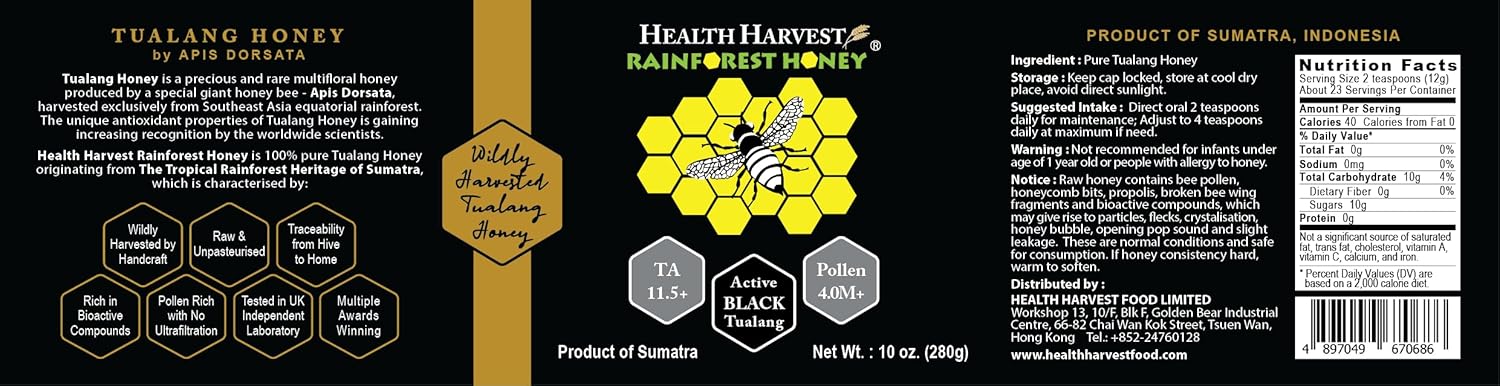 Tualang Black Honey 10oz (TA 11.5+, Pollen Count 4.0M+, Pollen Variety 100+) Intense Choice for Women Preservation, Wild-ripening on 250ft Treetop, Raw, Unpasteurised, Unfiltered