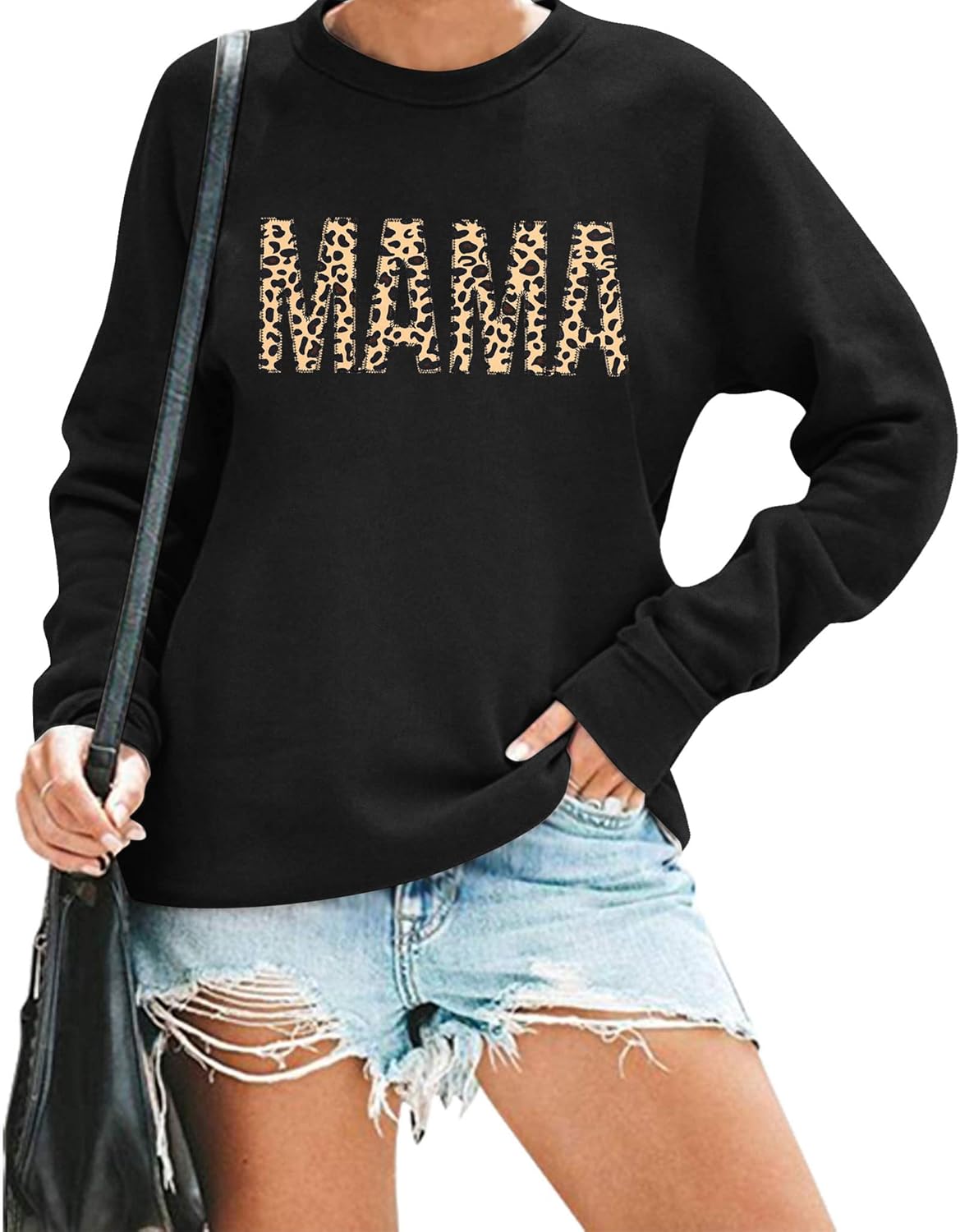 EGELEXY Mama Sweatshirts for Women Leopard Mama Crewneck Best Moms Outfit Lightweight Pullover Tops