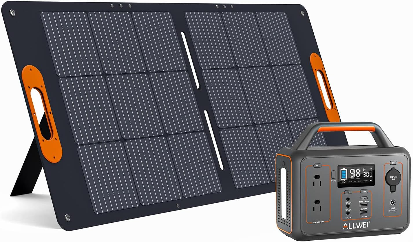 ALLWEI 300W Solar Generator with 100W Solar Panel Included, 280Wh Portable Power Station with AC Outlet USB Port, Solar Powered Battery Generator for Outdoor Camping, Home Backup, Power Outage