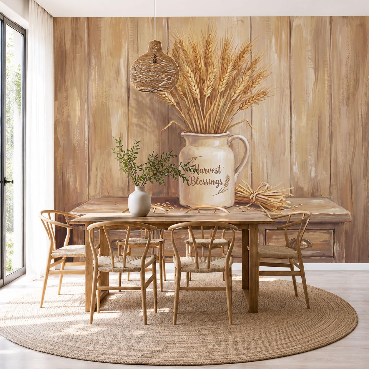 Carta da parati fotografica rustico retrò Murale stile Vaso in ceramica con panno grano e mobiletto in legno | 400x280cm Poster grande per soggiorno camera da letto sfondo TV parete decorazione casa