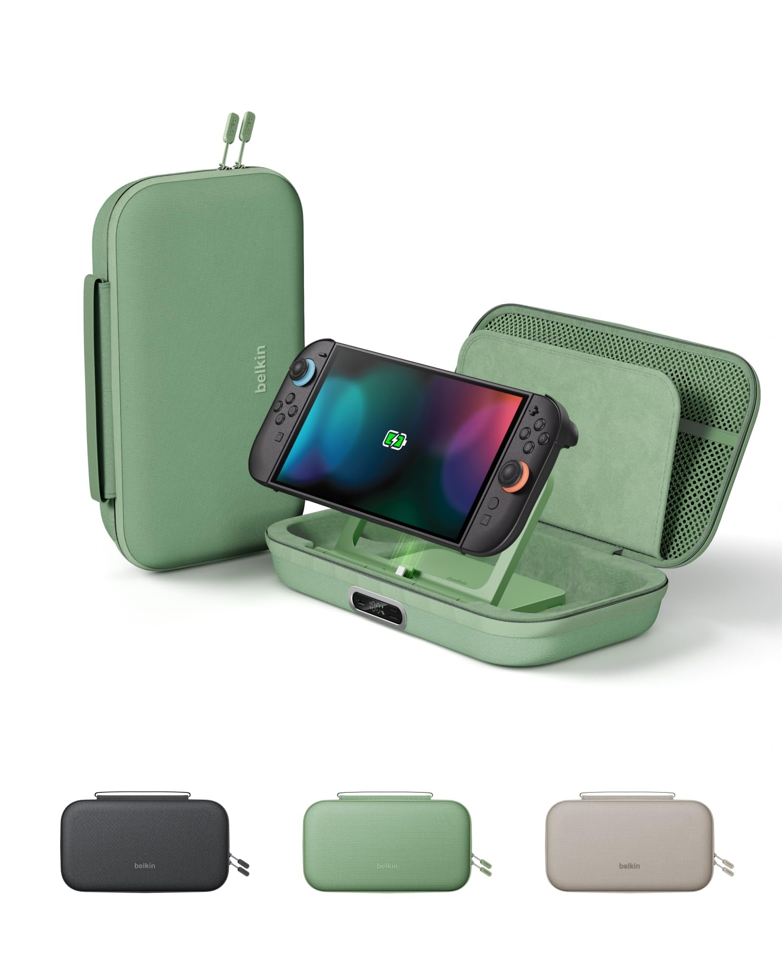 Photo 1 of Belkin Charging Case Pro for Nintendo Switch 2, 10000mAh Power Bank, 30W Fast Charging w/Kick Stand - Custom Fit, Hard Shell Carrying Case, 12 Game Card Slots, AirTag Holder, Digital Display - Sage