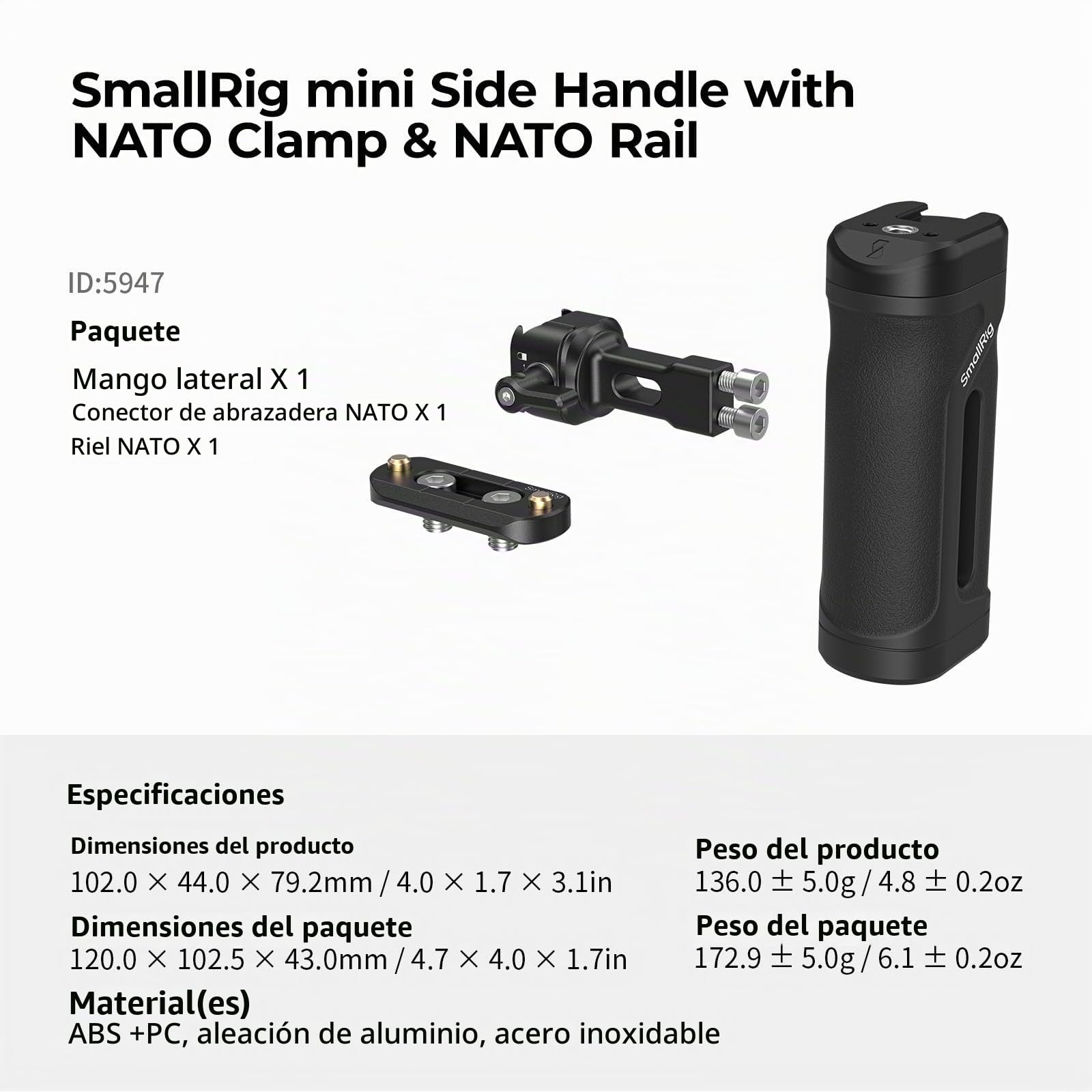 SMALLRIG Empuñadura Lateral Mini con Pinza y Riel NATO, para Mano Izquierda o Derecha, Ajuste Vertical, con Zapata Fría y Rosca, Carga Máx. 10kg - 5947