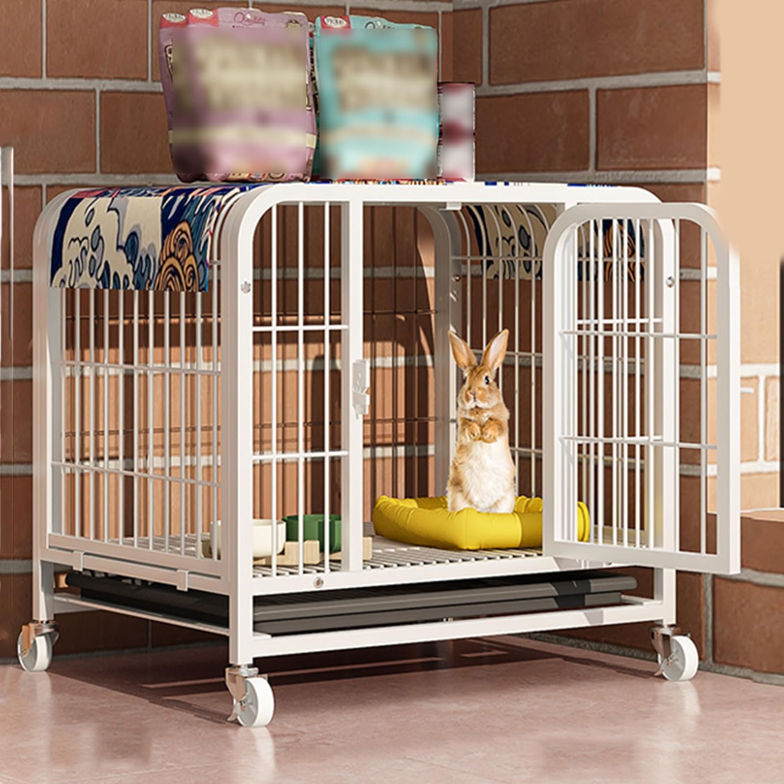 Cage pour lapins avec grillage amovible et déplacement facile jaune