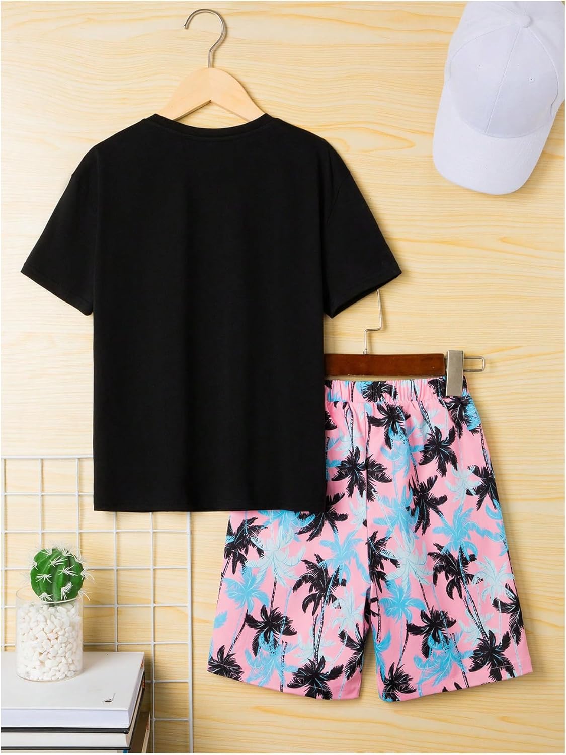 Boy's 2 Piece Outfits Letter and Tropical Graphic Print Short Sleeve Crewneck Tee and Shorts - Image 2