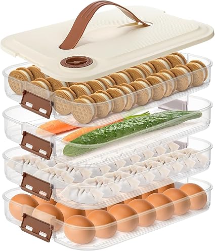 PIKFOS 4-layer Food Storage Container, Refrigerator Organizer Bin with Lids, Plastic Sugar Cookies Storage Box Case, Dumpling Snack Tray, Multi-layer Freezer Snackle Containers